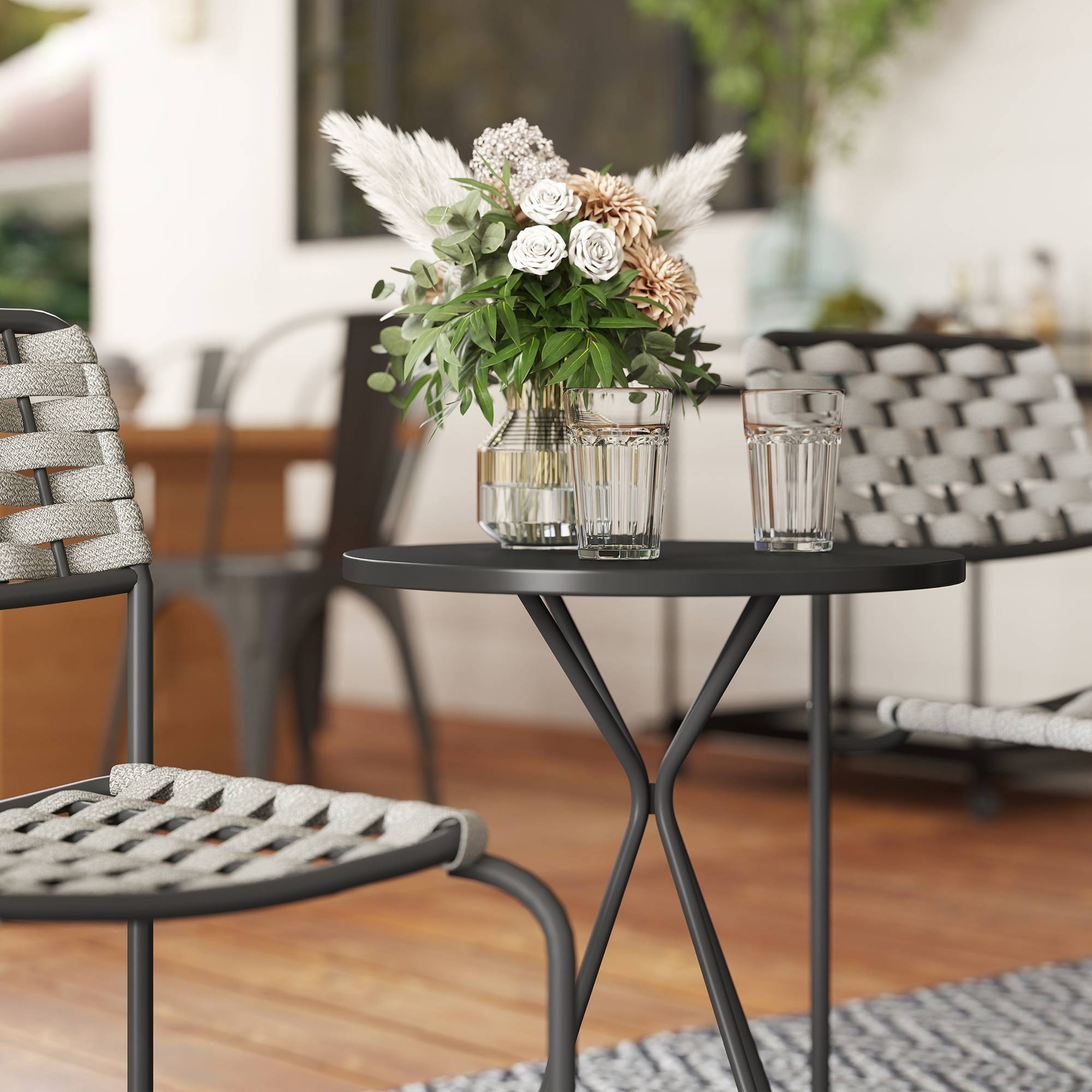 Salon de jardin polyrotin 3 pièces : 2 fauteuils + table, pour balcon, gris, résistant aux intempéries - Image 9