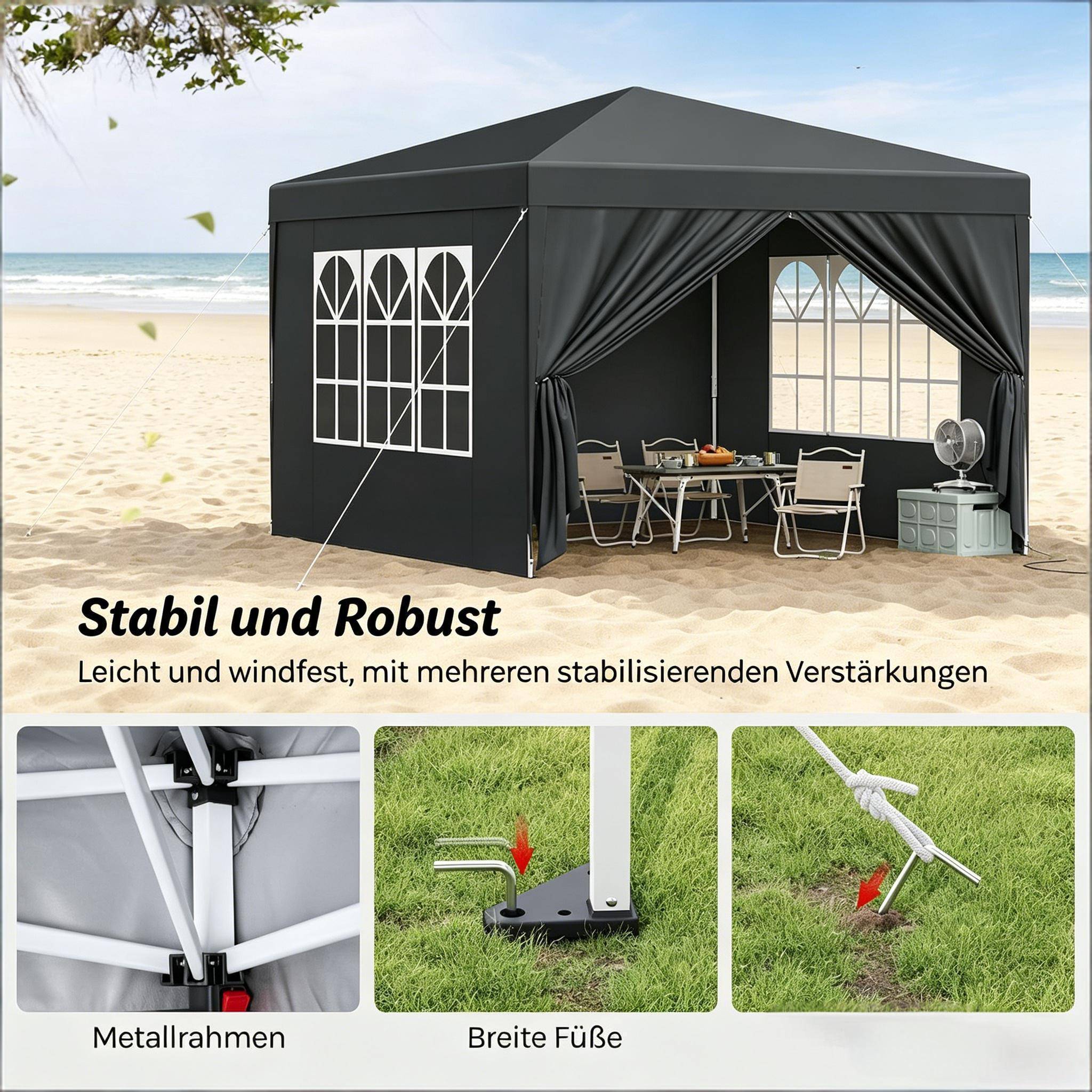 Tonnelle pliante acier événements extérieur protection soleil pluie 3x3m anthracite - ComfortXL Outdoor Living - Image 3