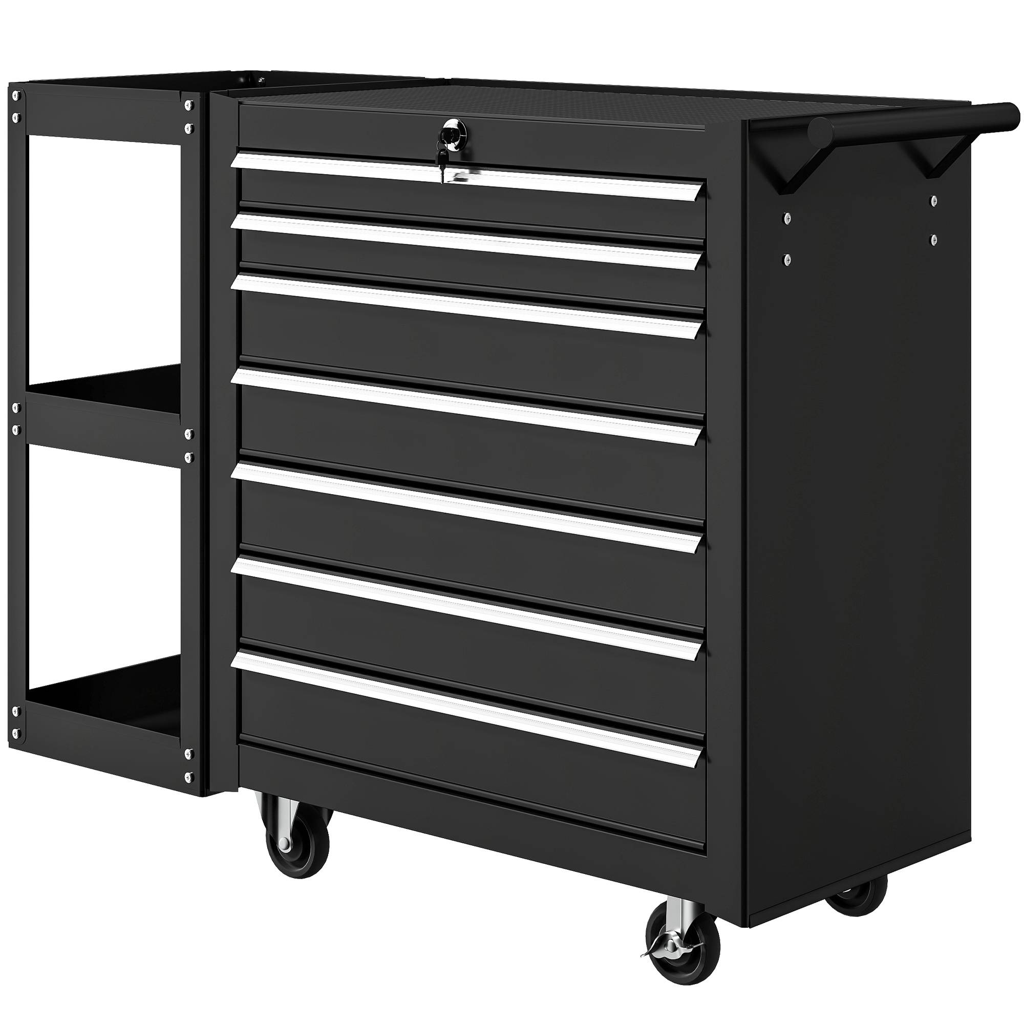 Servante d'atelier en acier à 7 tiroirs, chariot à outils mobile avec étagère latérale amovible, noire - Image 2