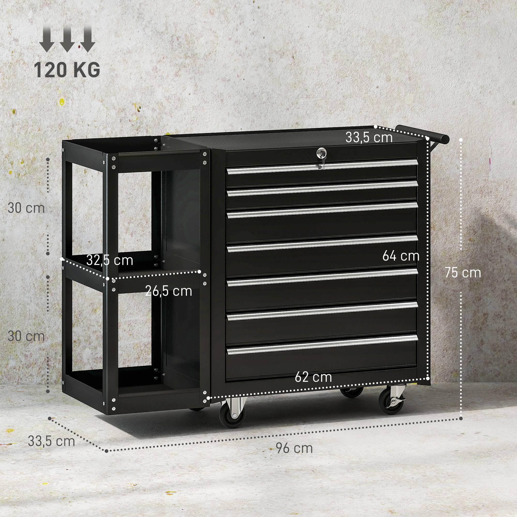 Servante d'atelier en acier à 7 tiroirs, chariot à outils mobile avec étagère latérale amovible, noire - Image 5
