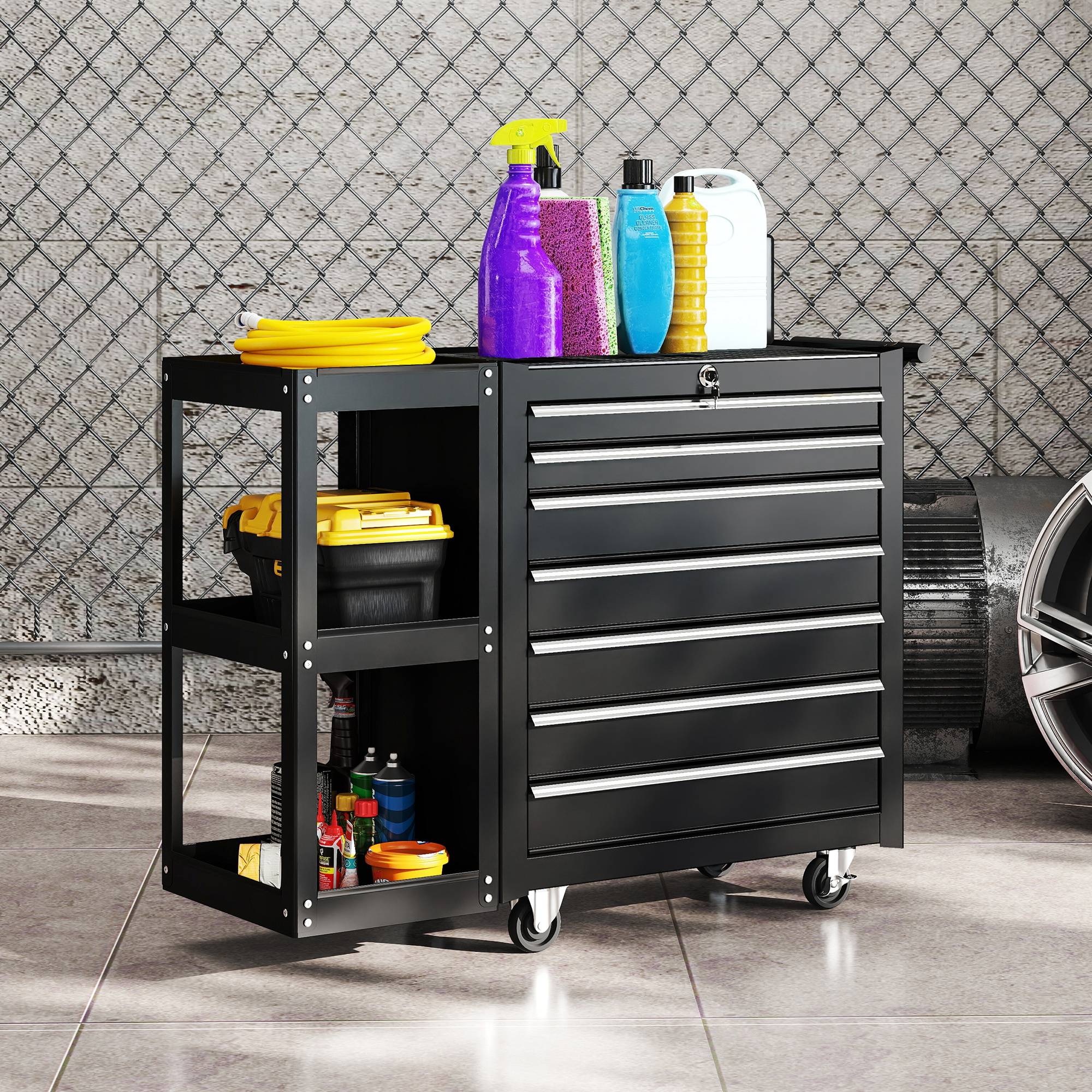 Servante d'atelier en acier à 7 tiroirs, chariot à outils mobile avec étagère latérale amovible, noire - Image 3