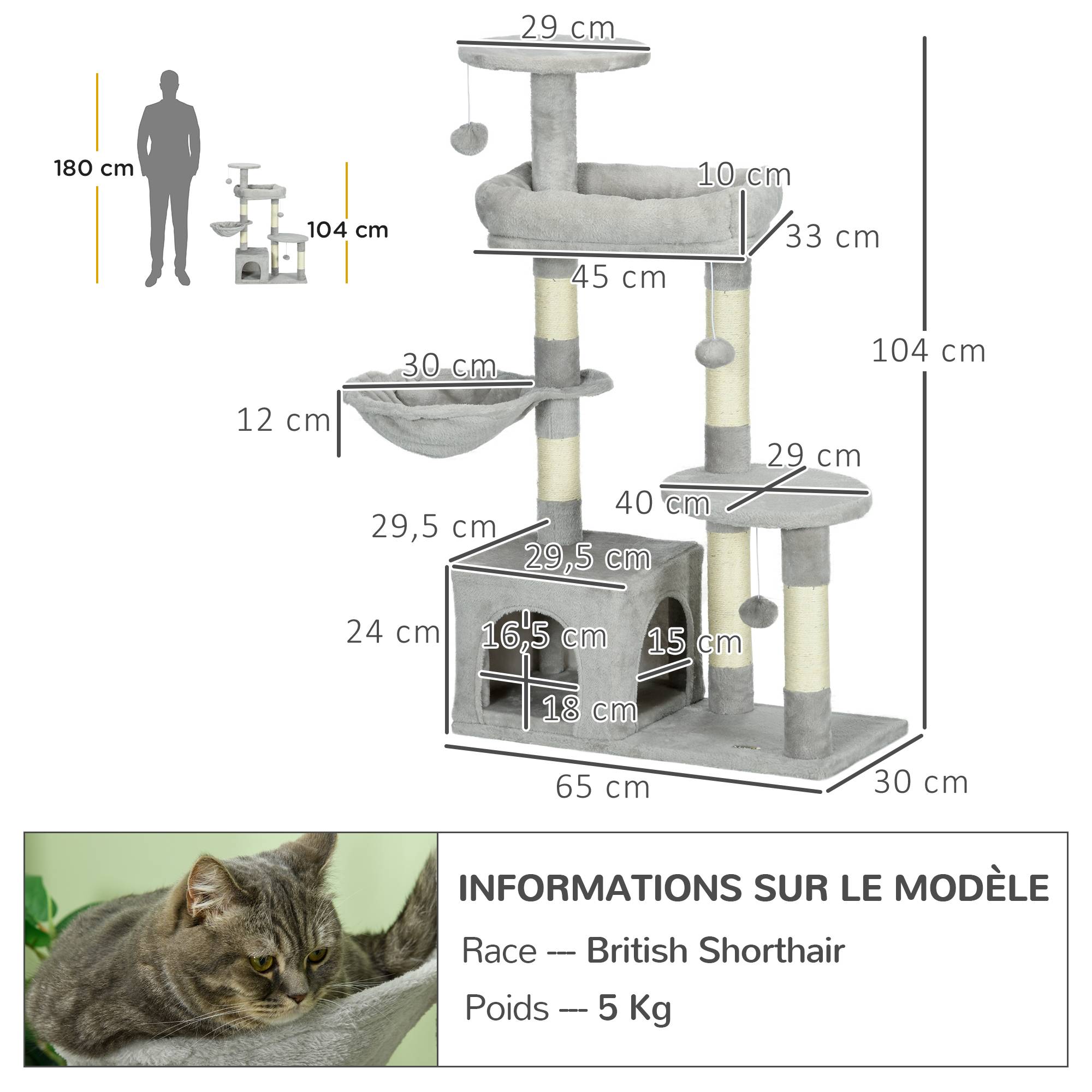 Arbre à chat multi-niveaux avec niche hamac et jeux pour chat 104 cm Gris clair - ComfortXL Outdoor Living - Image 5