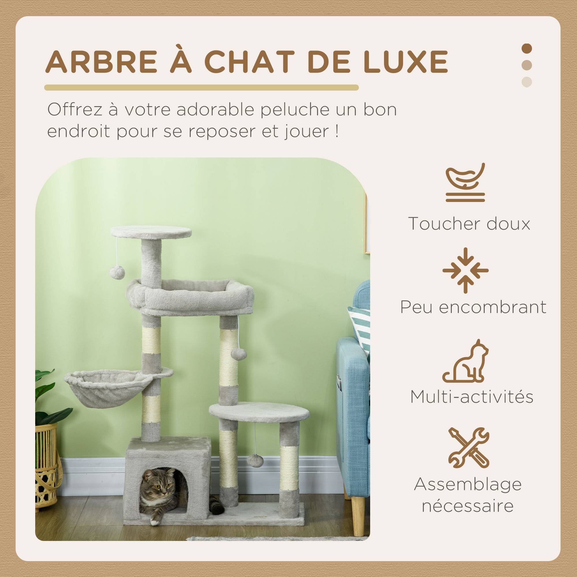 Arbre à chat multi-niveaux avec niche hamac et jeux pour chat 104 cm Gris clair - ComfortXL Outdoor Living - Image 6