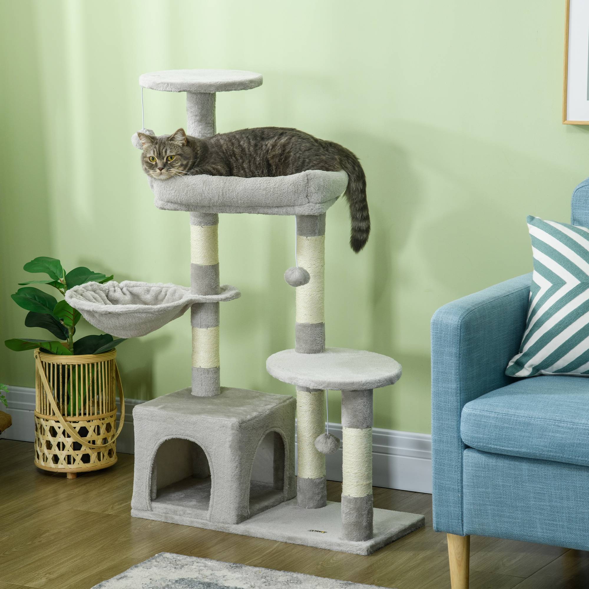 Arbre à chat multi-niveaux avec niche hamac et jeux pour chat 104 cm Gris clair - ComfortXL Outdoor Living - Image 3