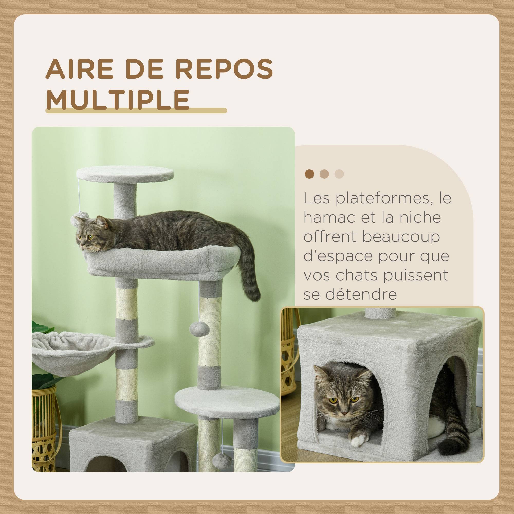 Arbre à chat multi-niveaux avec niche hamac et jeux pour chat 104 cm Gris clair - ComfortXL Outdoor Living - Image 8