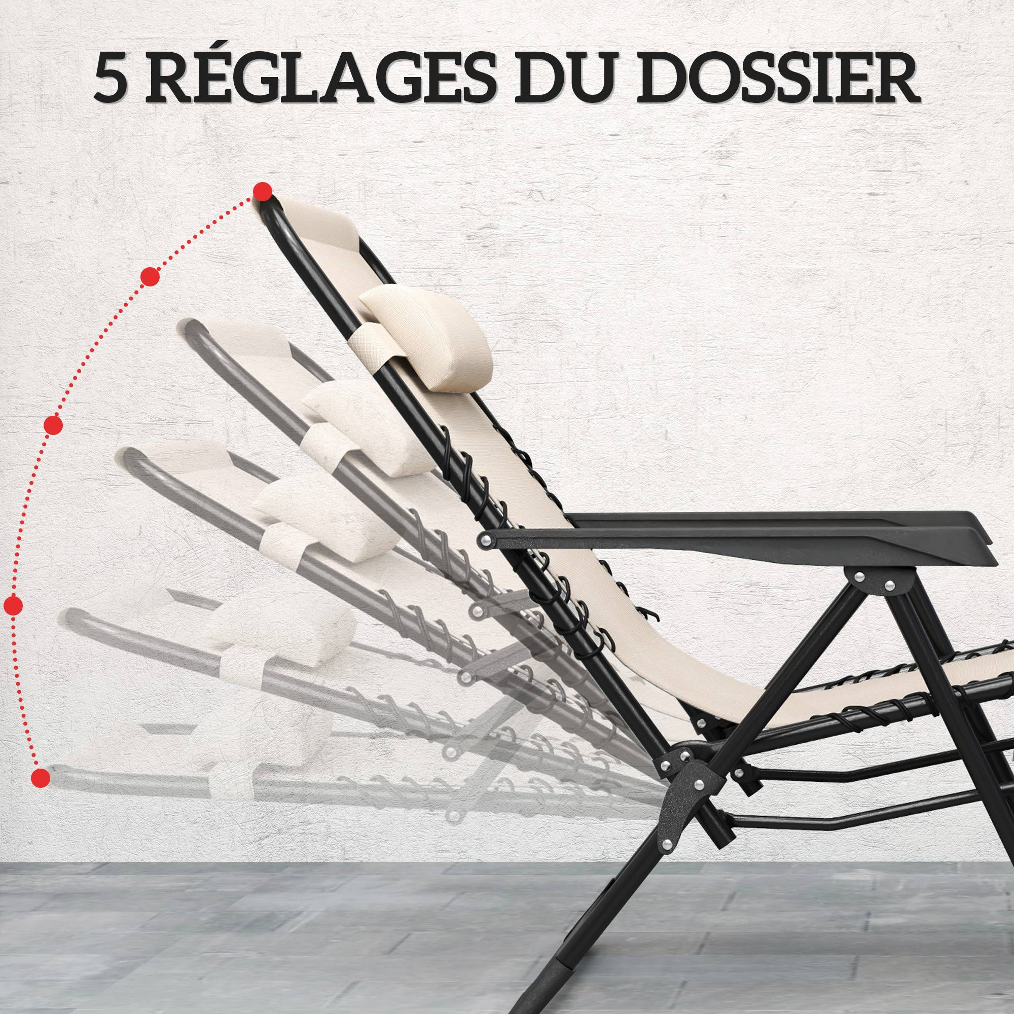 Sans Marque - Lot de 2 chaise longue pliable et inclinable avec table d'appoint, porte-gobelets et appuie-têtes, charge 120 kg, beige - Image 6