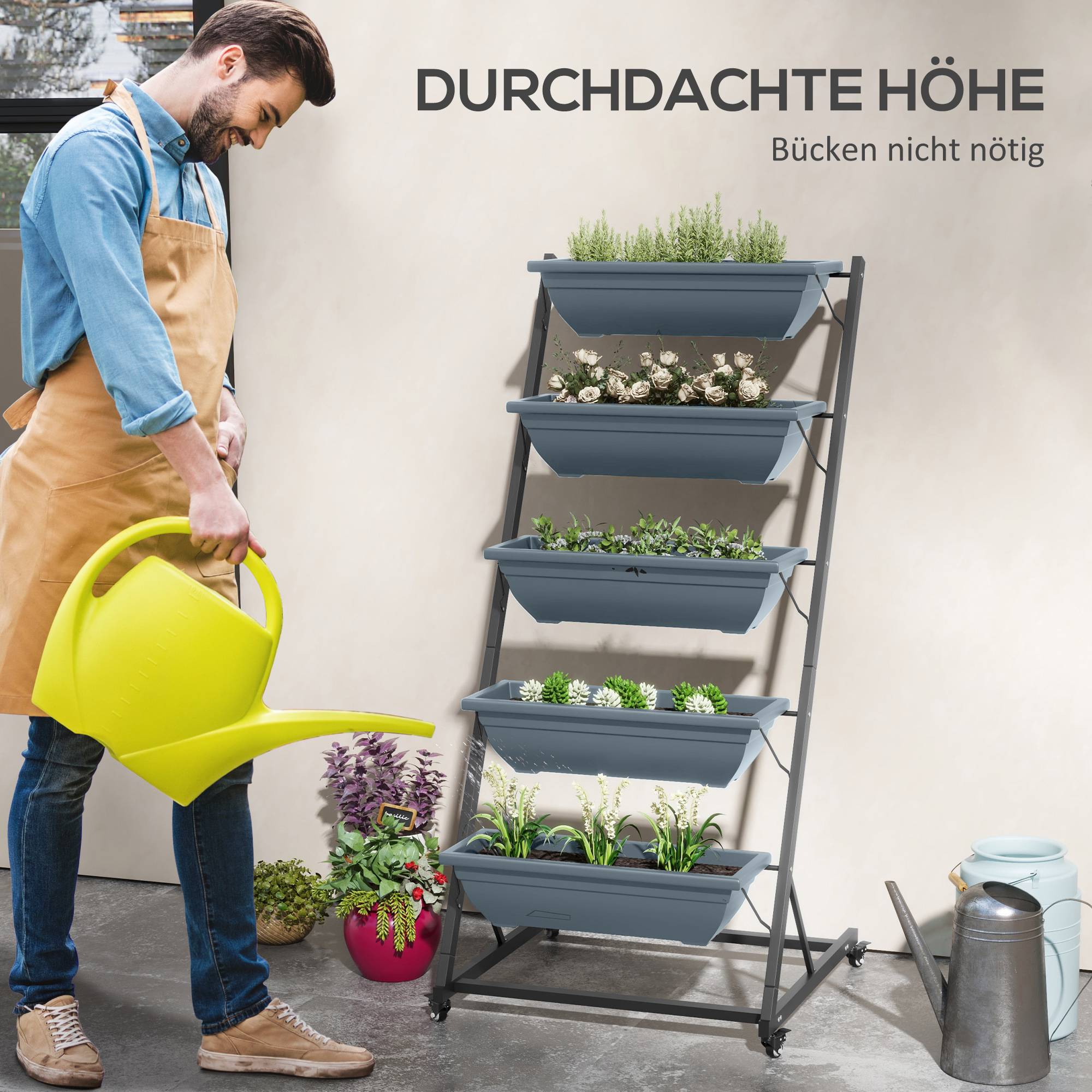 Étagère porte-plantes acier balcon extérieur 5 niveaux 65x67x145cm gris - ComfortXL Outdoor Living - Image 7