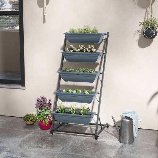 Étagère porte-plantes acier balcon extérieur 5 niveaux 65x67x145cm gris - ComfortXL Outdoor Living - Image 4