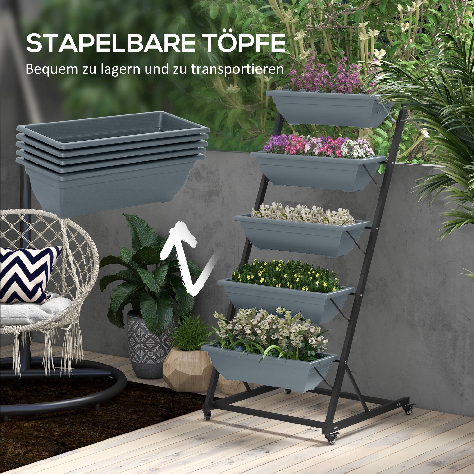 Étagère porte-plantes acier balcon extérieur 5 niveaux 65x67x145cm gris - ComfortXL Outdoor Living - Image 10