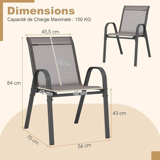 Lot de 4 Chaises de Jardin Exterieures avec Cadre en Métal, Fauteuil d'Extérieur Empilable en Tissu Respirant, Charge 150 KG, Gris - Image 7