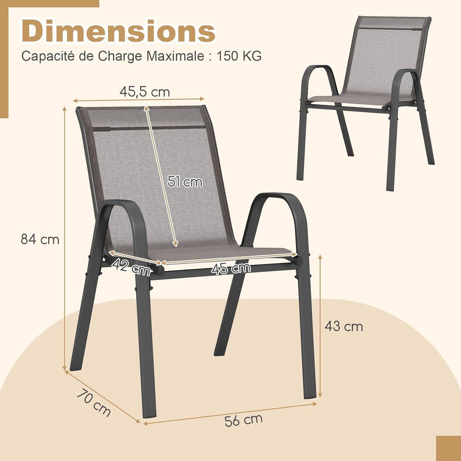 Lot de 4 Chaises de Jardin Exterieures avec Cadre en Métal, Fauteuil d'Extérieur Empilable en Tissu Respirant,  Charge 150 KG, Gris - Image 7