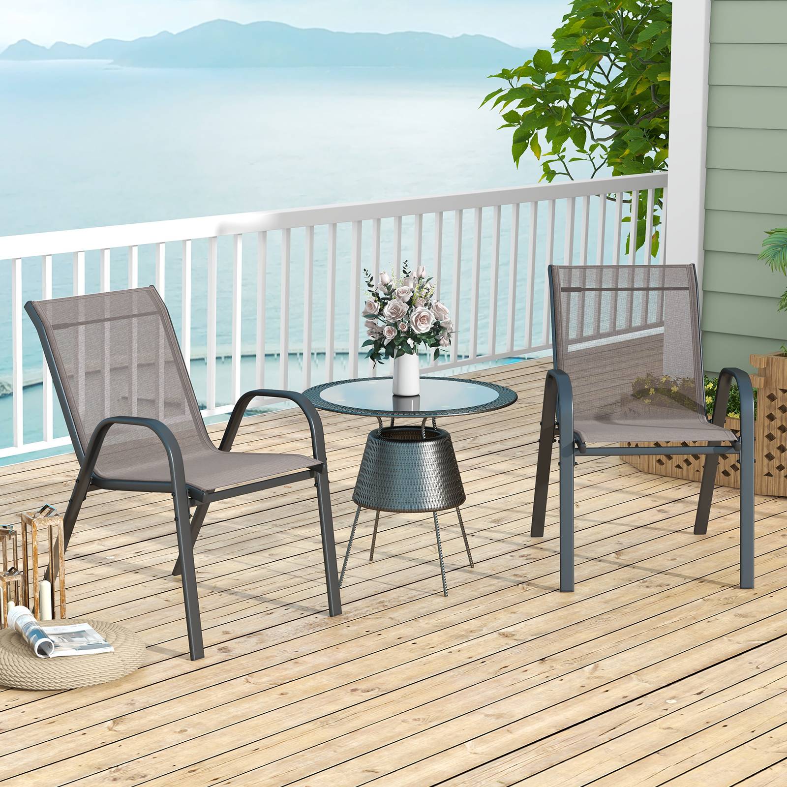 Lot de 4 Chaises de Jardin Exterieures avec Cadre en Métal, Fauteuil d'Extérieur Empilable en Tissu Respirant,  Charge 150 KG, Gris - Image 8