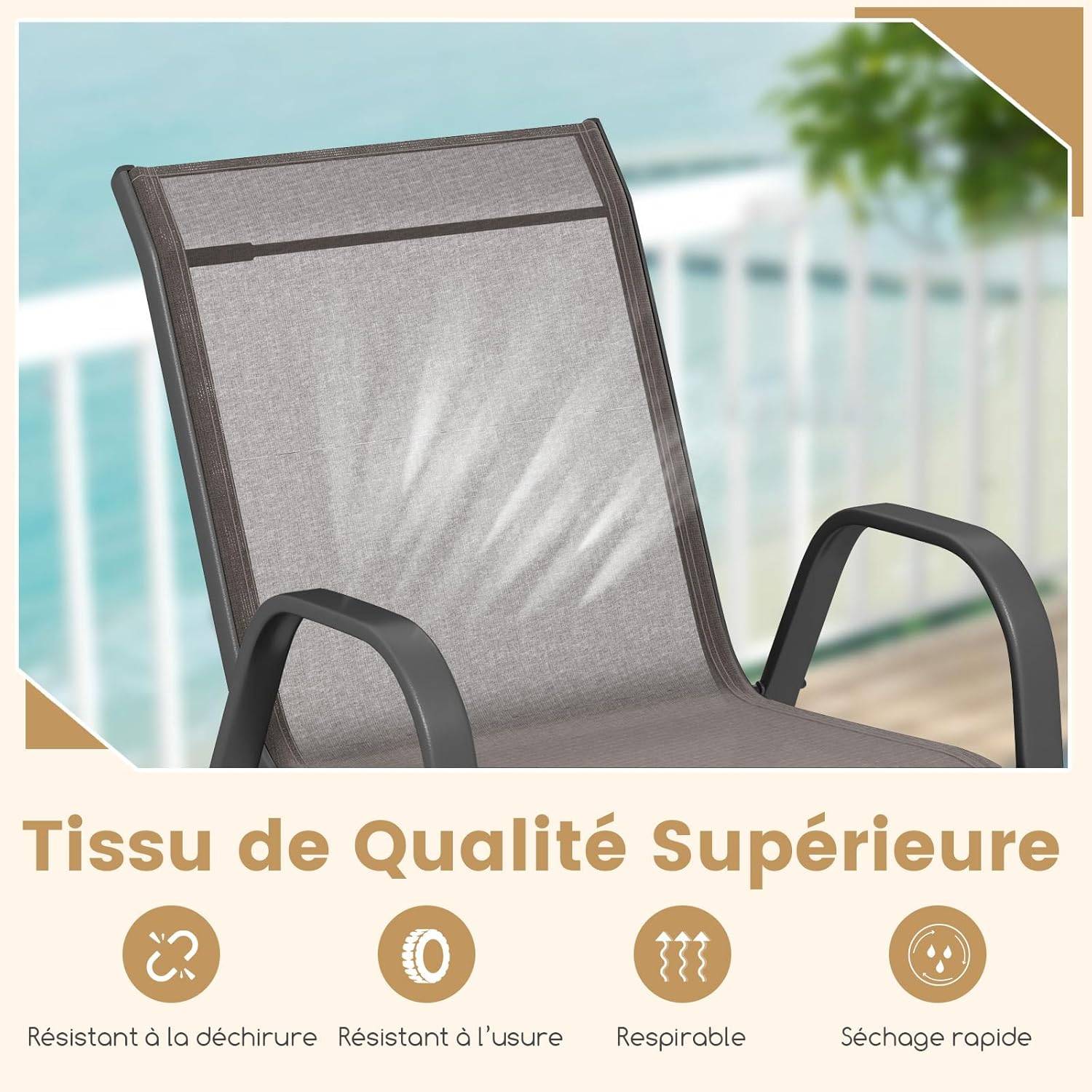 Lot de 4 Chaises de Jardin Exterieures avec Cadre en Métal, Fauteuil d'Extérieur Empilable en Tissu Respirant,  Charge 150 KG, Gris - Image 3