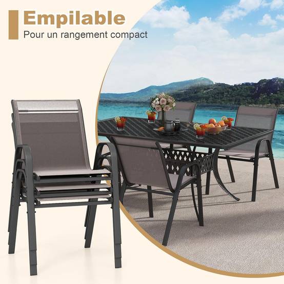 Lot de 4 Chaises de Jardin Exterieures avec Cadre en Métal, Fauteuil d'Extérieur Empilable en Tissu Respirant, Charge 150 KG, Gris - Image 6