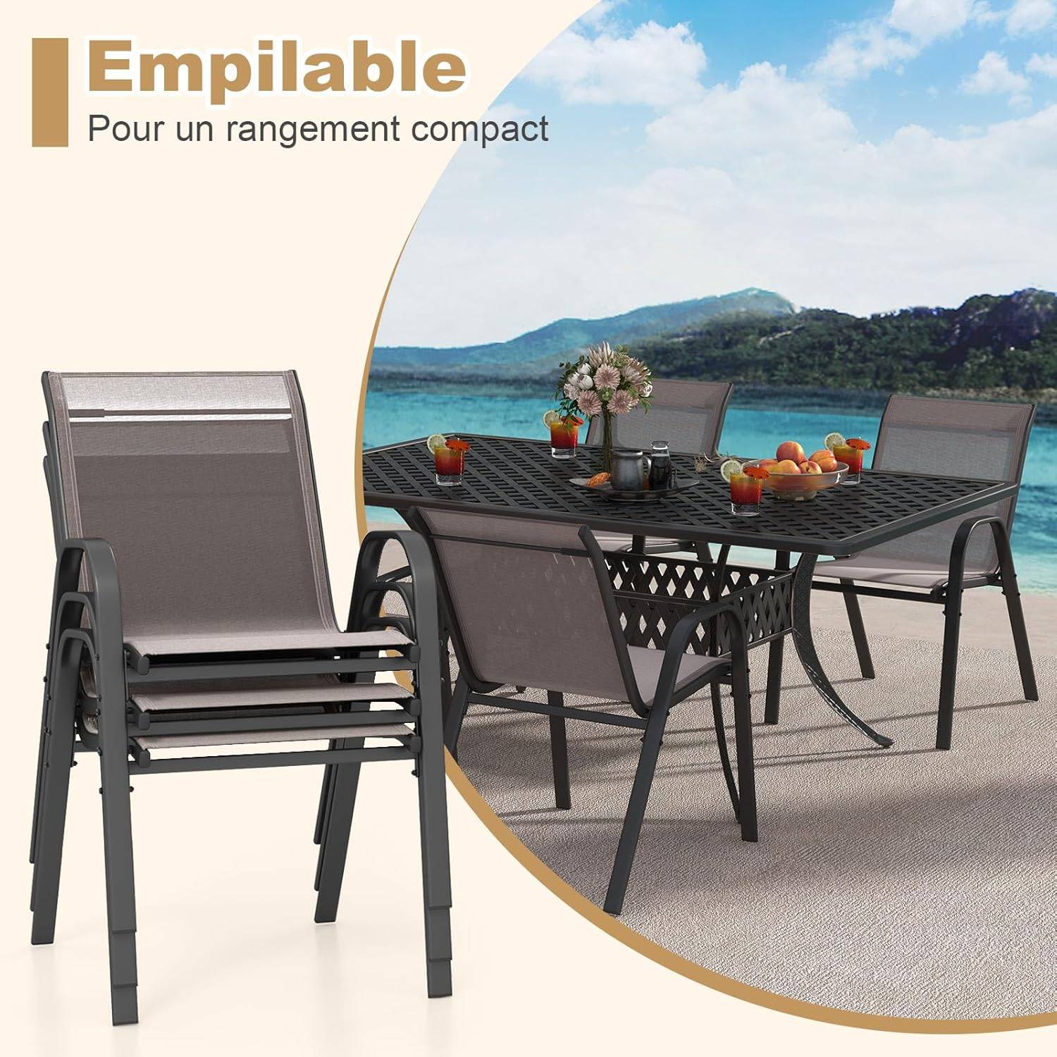 Lot de 4 Chaises de Jardin Exterieures avec Cadre en Métal, Fauteuil d'Extérieur Empilable en Tissu Respirant,  Charge 150 KG, Gris - Image 6