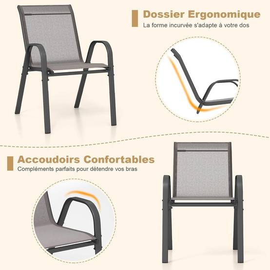 Lot de 4 Chaises de Jardin Exterieures avec Cadre en Métal, Fauteuil d'Extérieur Empilable en Tissu Respirant, Charge 150 KG, Gris - Image 5