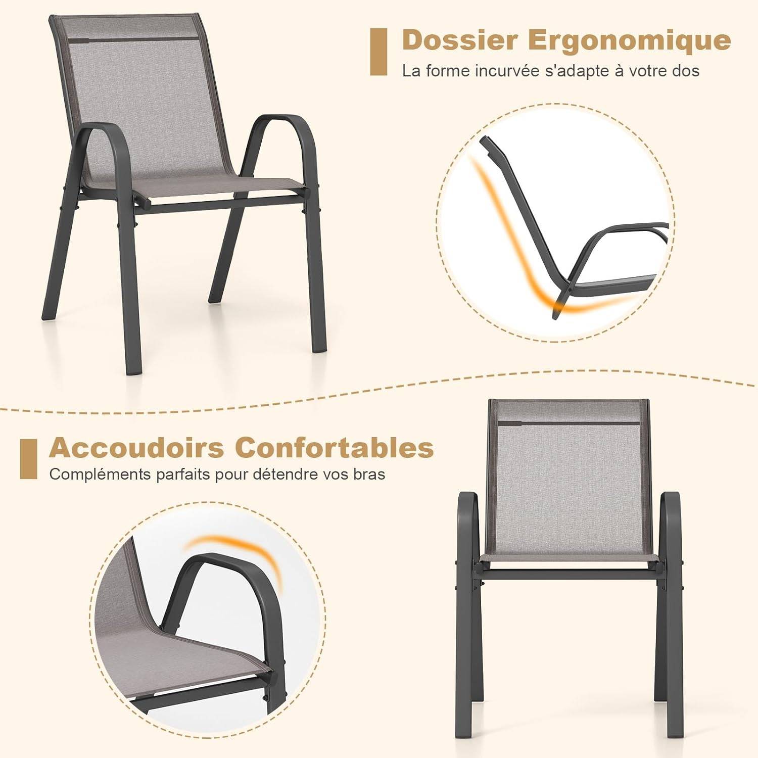 Lot de 4 Chaises de Jardin Exterieures avec Cadre en Métal, Fauteuil d'Extérieur Empilable en Tissu Respirant,  Charge 150 KG, Gris - Image 5