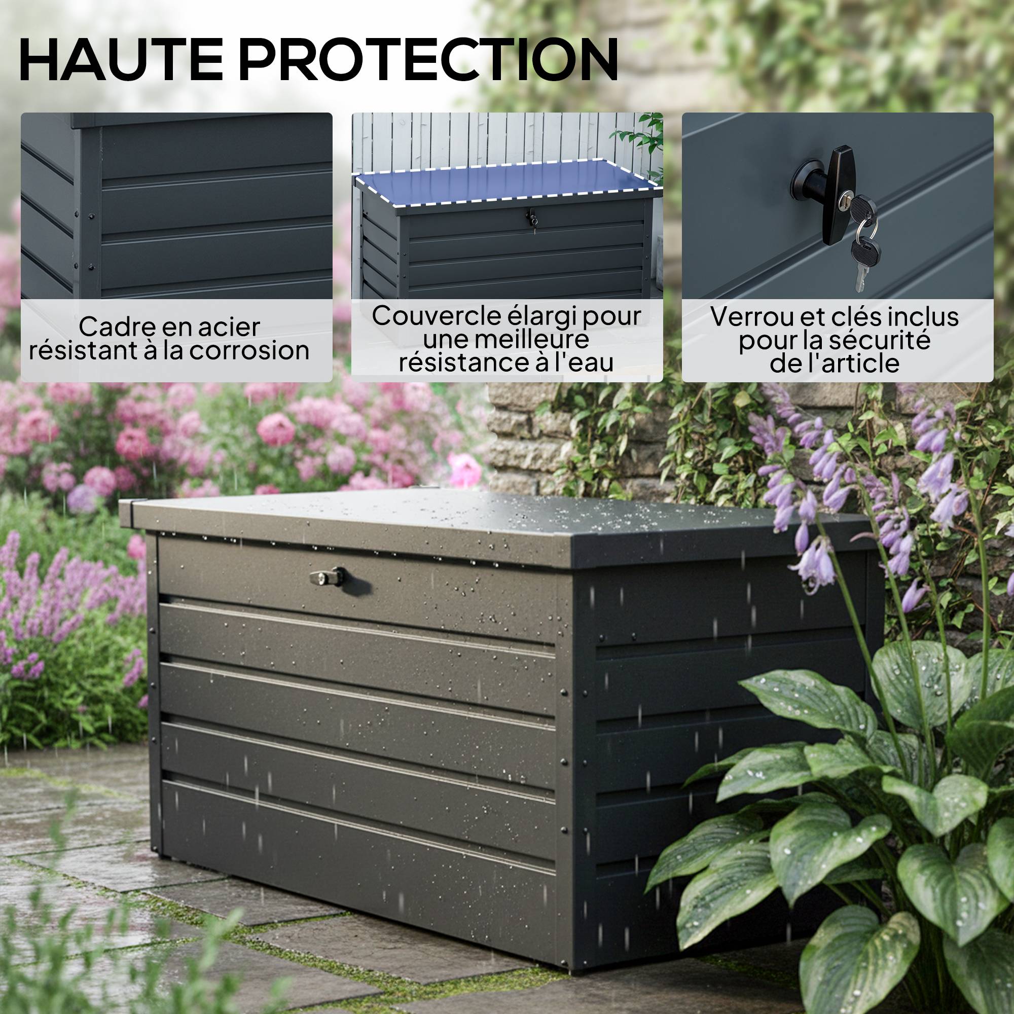 Coffre de rangement exterieur XXL 311L coffre de jardin acier galvanisé verrouillable vérin à gaz 120x62x62cm gris foncé - Image 8