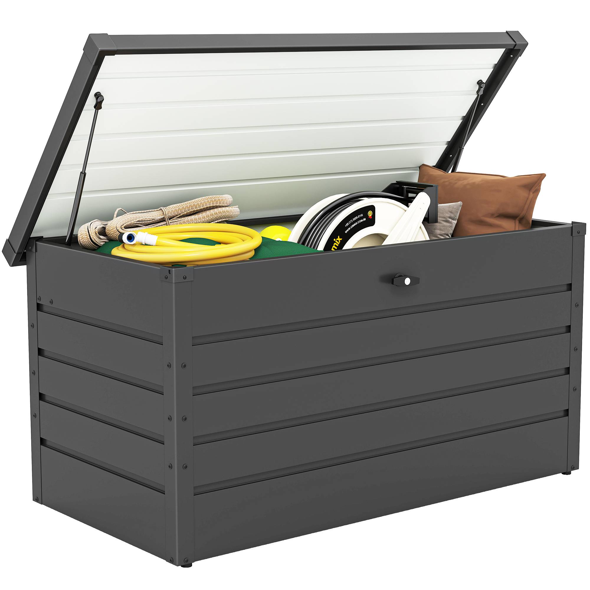 Coffre de rangement exterieur XXL 311L coffre de jardin acier galvanisé verrouillable vérin à gaz 120x62x62cm gris foncé