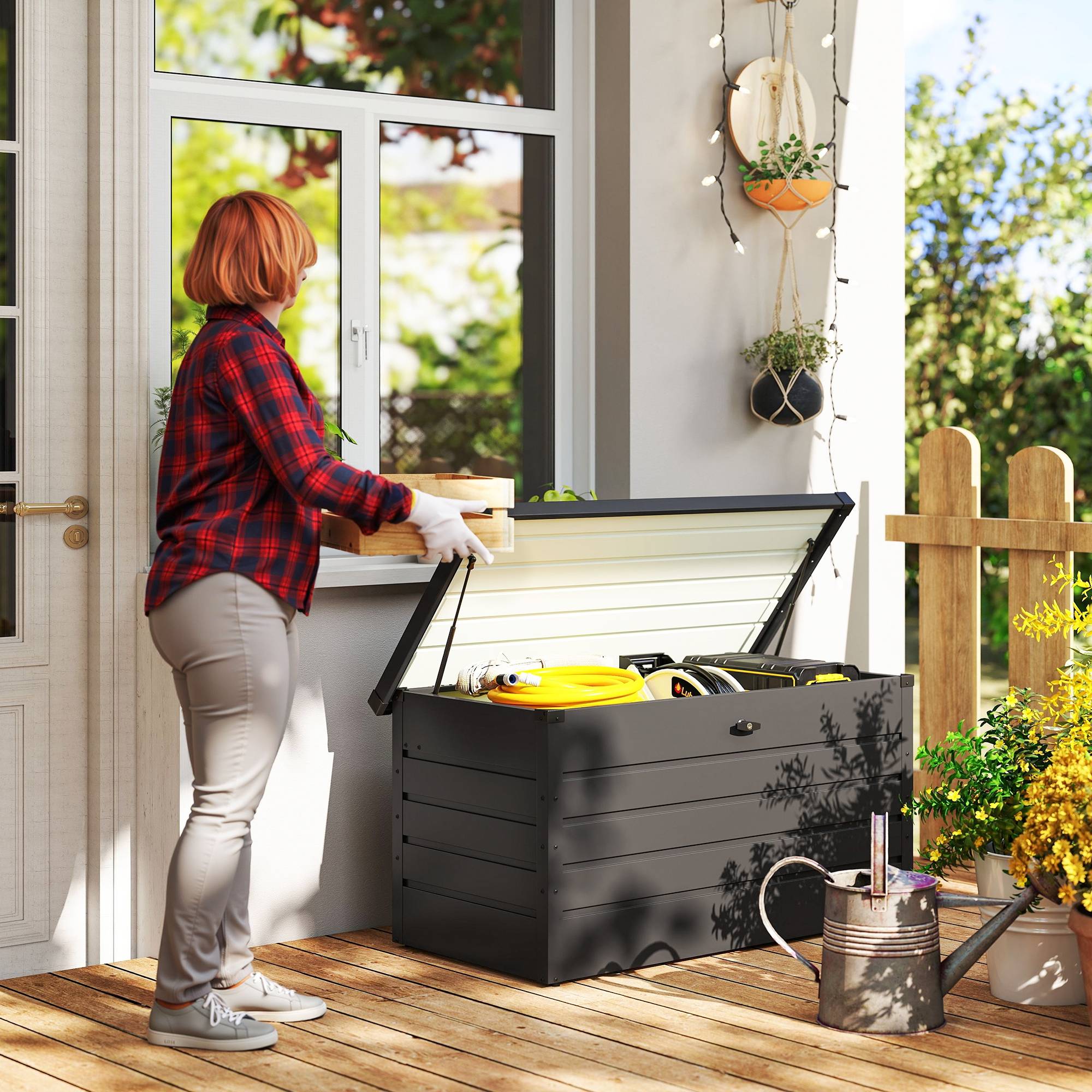 Coffre de rangement exterieur XXL 311L coffre de jardin acier galvanisé verrouillable vérin à gaz 120x62x62cm gris foncé - Image 3