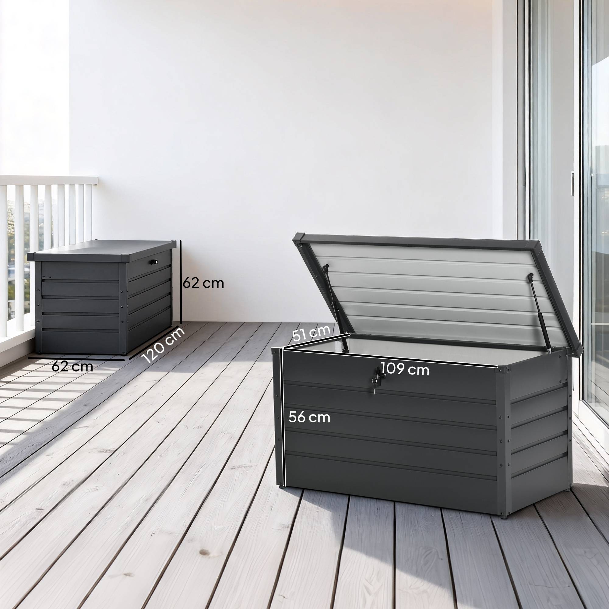 Coffre de rangement exterieur XXL 311L coffre de jardin acier galvanisé verrouillable vérin à gaz 120x62x62cm gris foncé - Image 5