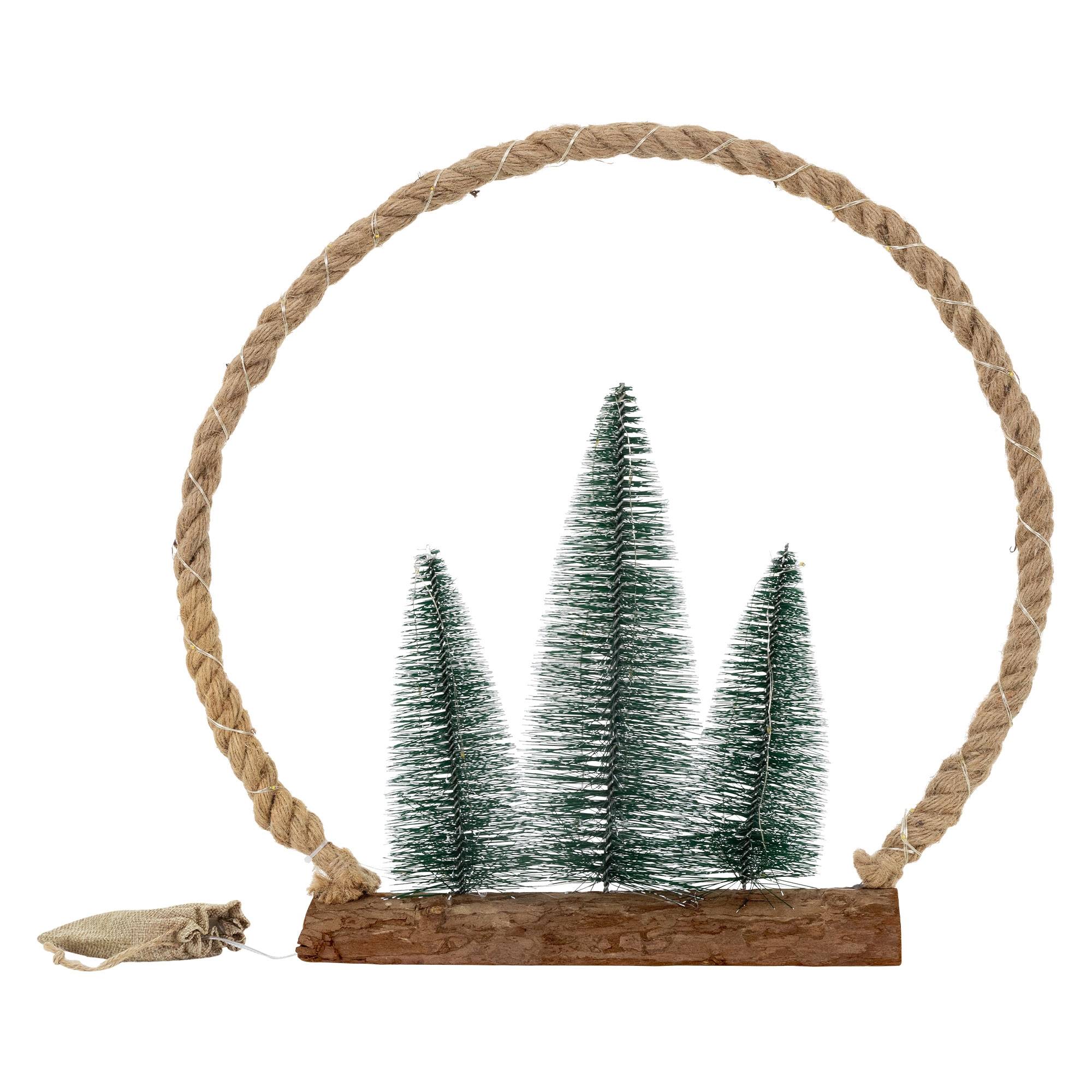Ecd-Germany - Décoration lumineuse couronne en jute corde 45x45x9,5 cm 45 LEDs lumière blanche chaude à piles minuterie avec sapins et sac déco d'intérieur Noël - Image 2