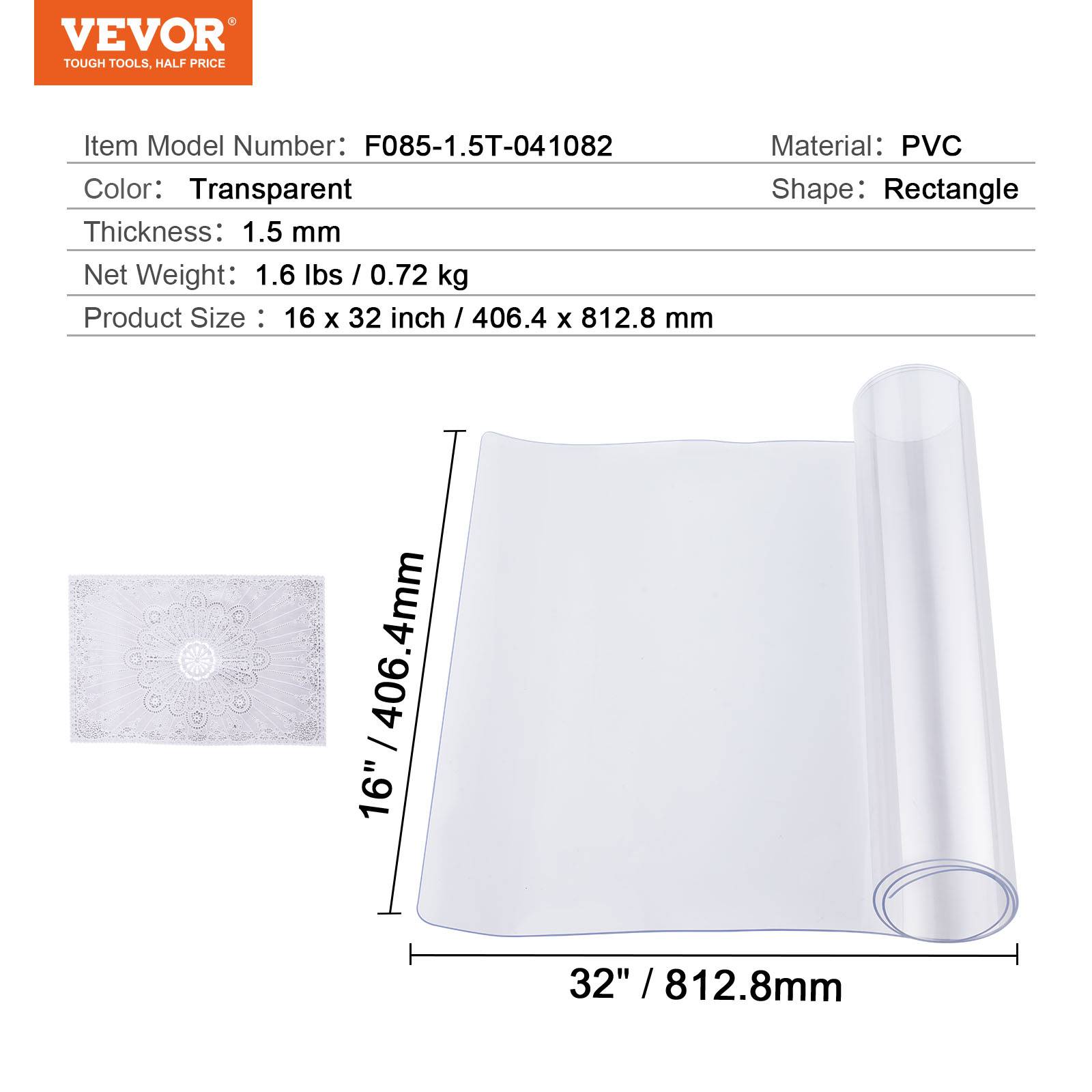 Vevor - VEVOR Protection bureau PVC transparent, 16x32", 1.5mm, rectangulaire, résistant eau, nettoyage. - Image 7