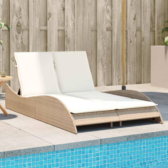 Chaise longue | Transat | Bain de soleil avec coussins beige 114x205x73 cm résine tressée - Image 2