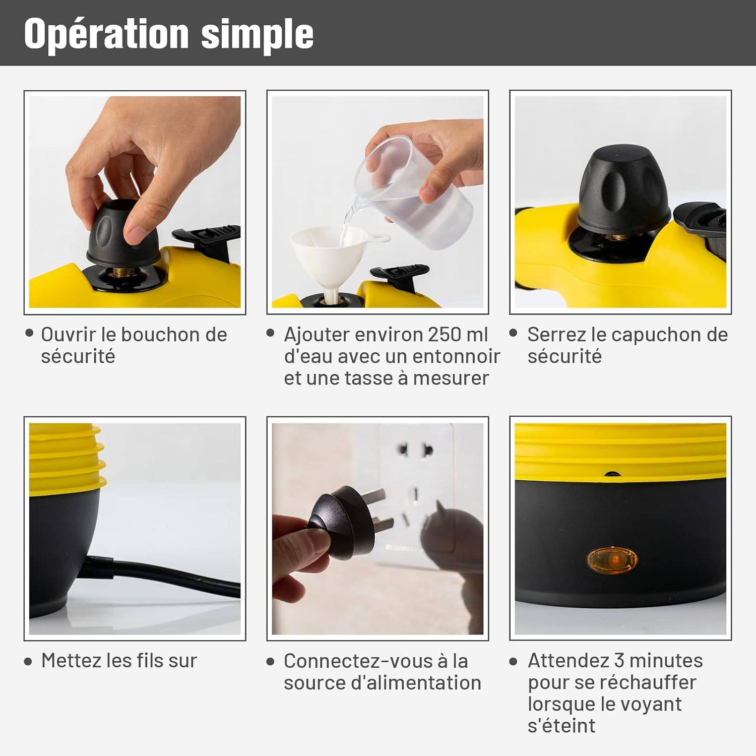 Nettoyeur vapeur à main réservoir 350 ml, 9 accessoires température : 135°-167°, 900-1050 w (jaune) - Image 4
