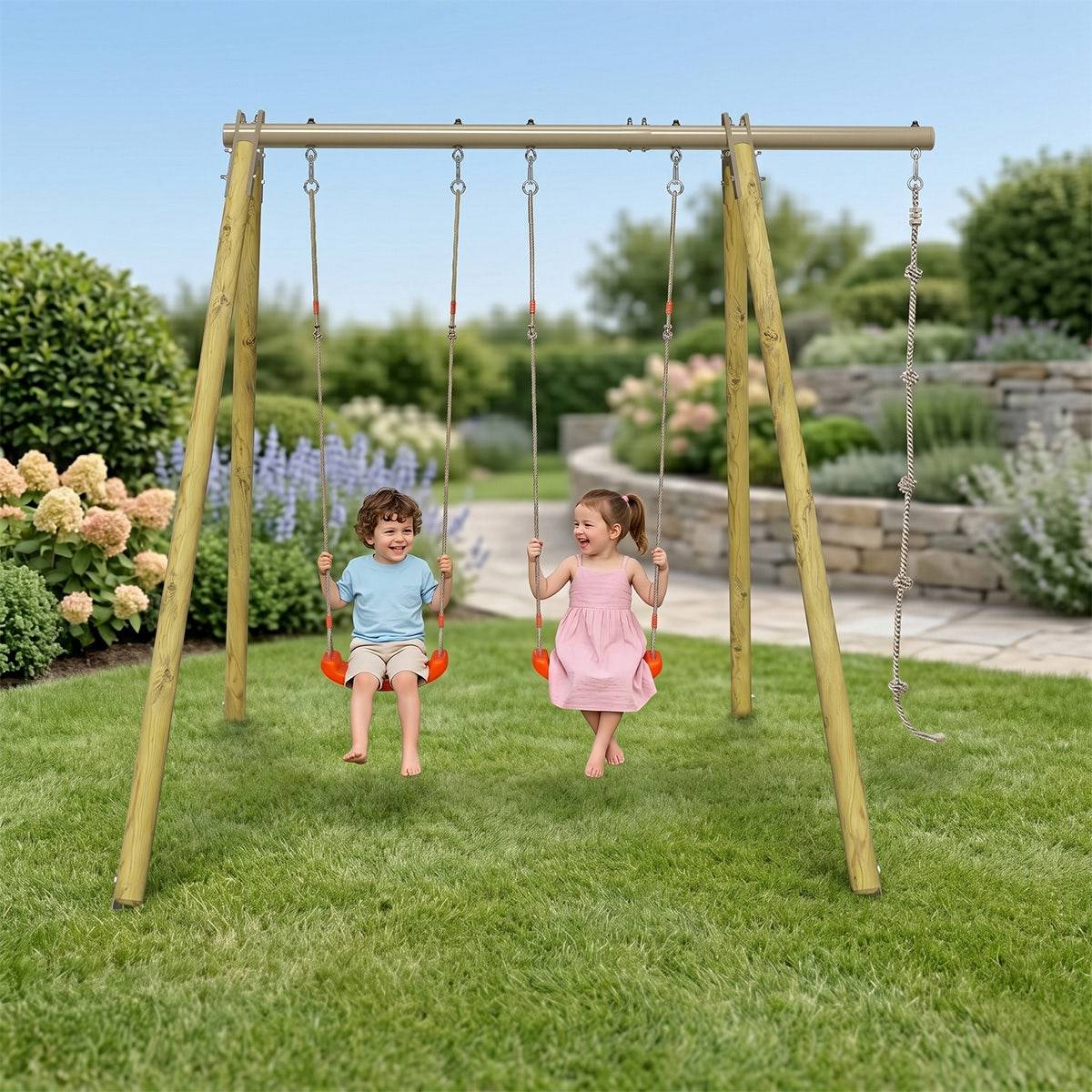 Trigano Jardin - Portique bois poutre métal Techwood Premium Piko 2,30 m – 3 enfants avec corde à nœuds - Image 2