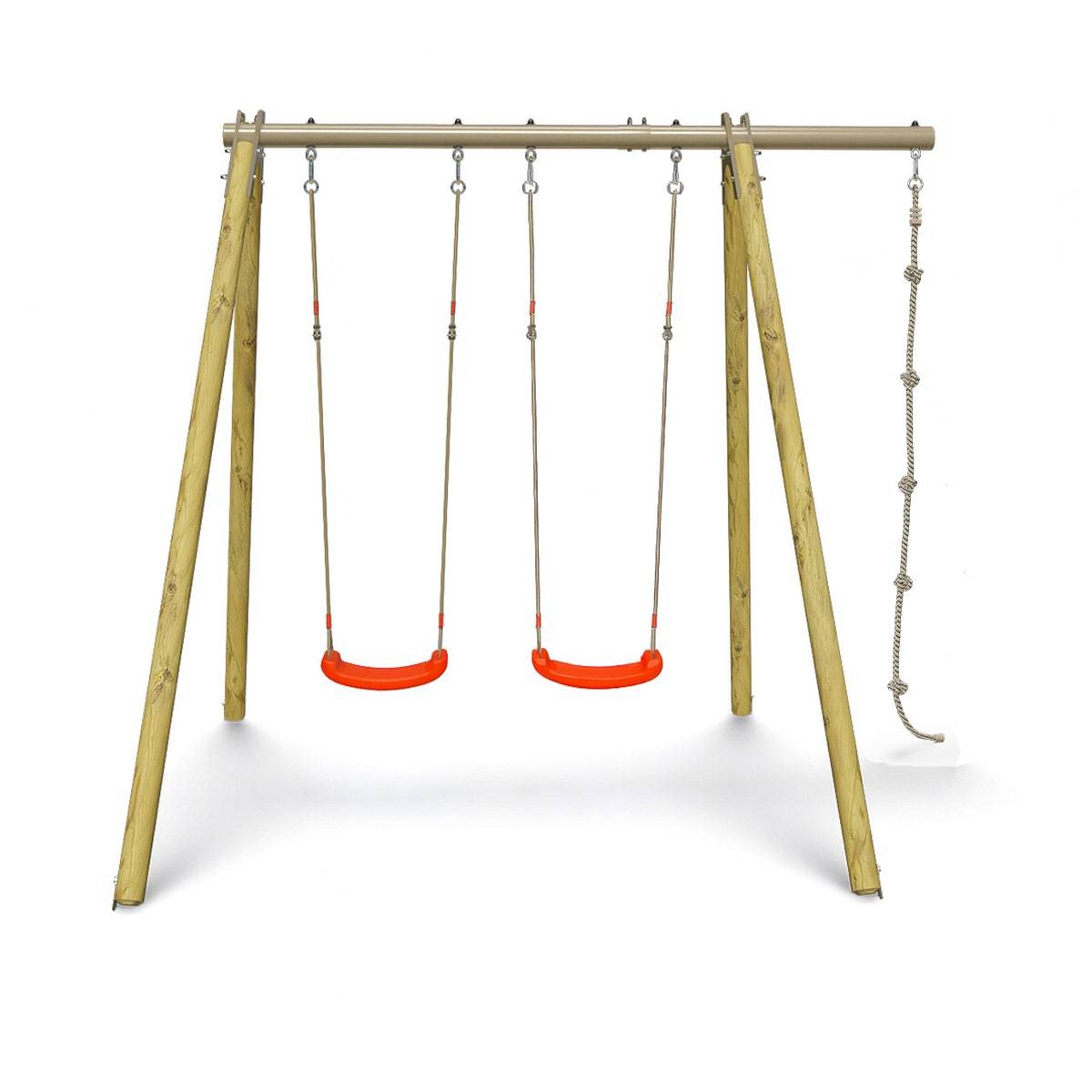 Trigano Jardin - Portique bois poutre métal Techwood Premium Piko 2,30 m – 3 enfants avec corde à nœuds - Image 1