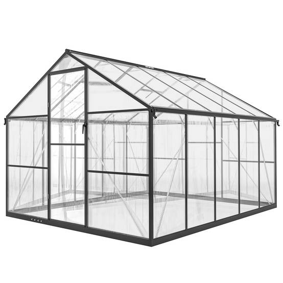 Serre noire de jardin 304 x 247 x 205 cm, aluminium et polycarbonate, porte coulissante, 2 fenêtres réglables - Image 2