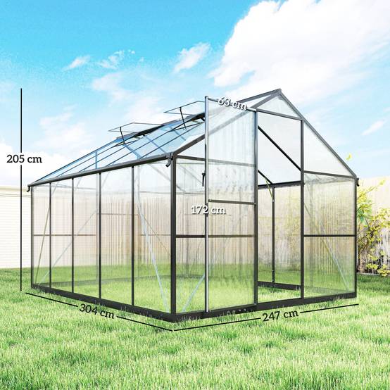 Serre noire de jardin 304 x 247 x 205 cm, aluminium et polycarbonate, porte coulissante, 2 fenêtres réglables - Image 5