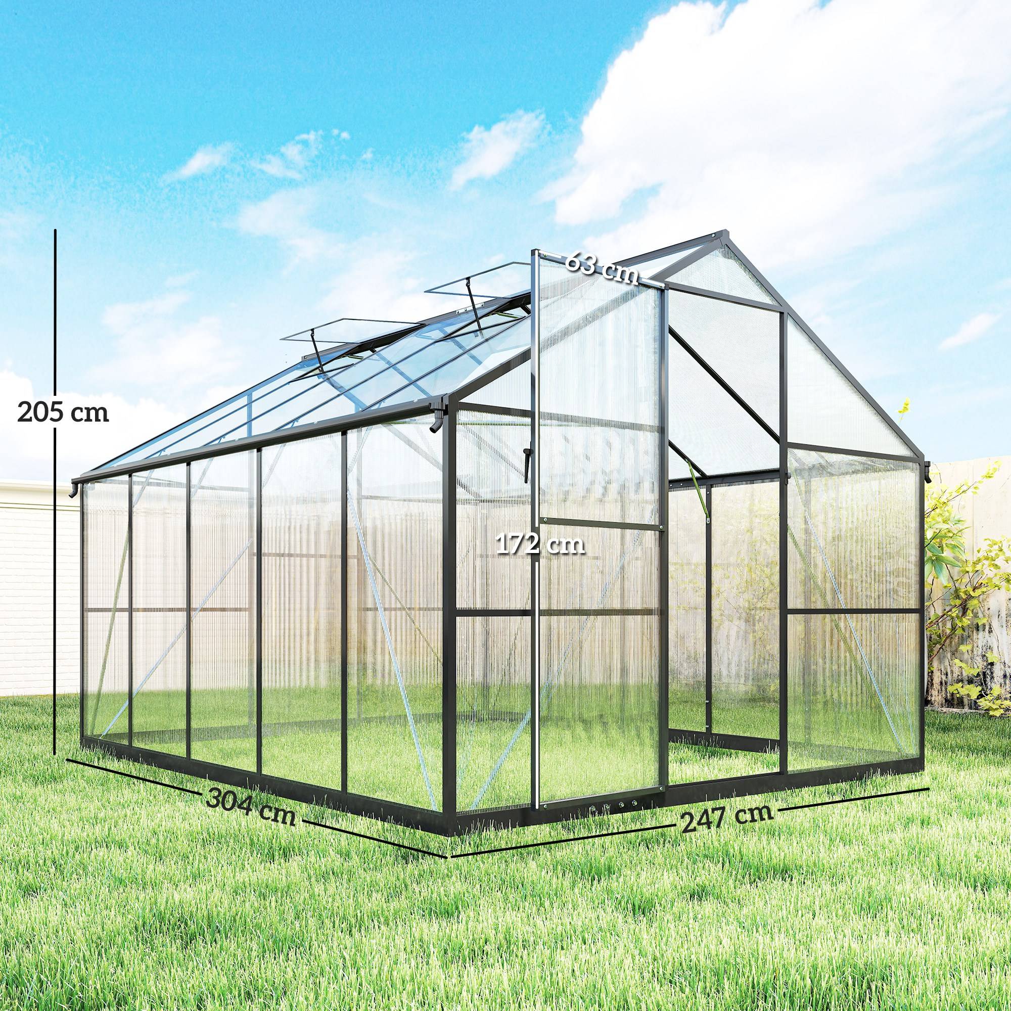 Serre noire de jardin 304 x 247 x 205 cm, aluminium et polycarbonate, porte coulissante, 2 fenêtres réglables - Image 5