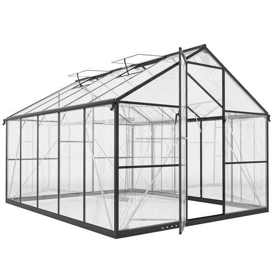 Serre noire de jardin 304 x 247 x 205 cm, aluminium et polycarbonate, porte coulissante, 2 fenêtres réglables - Image 1