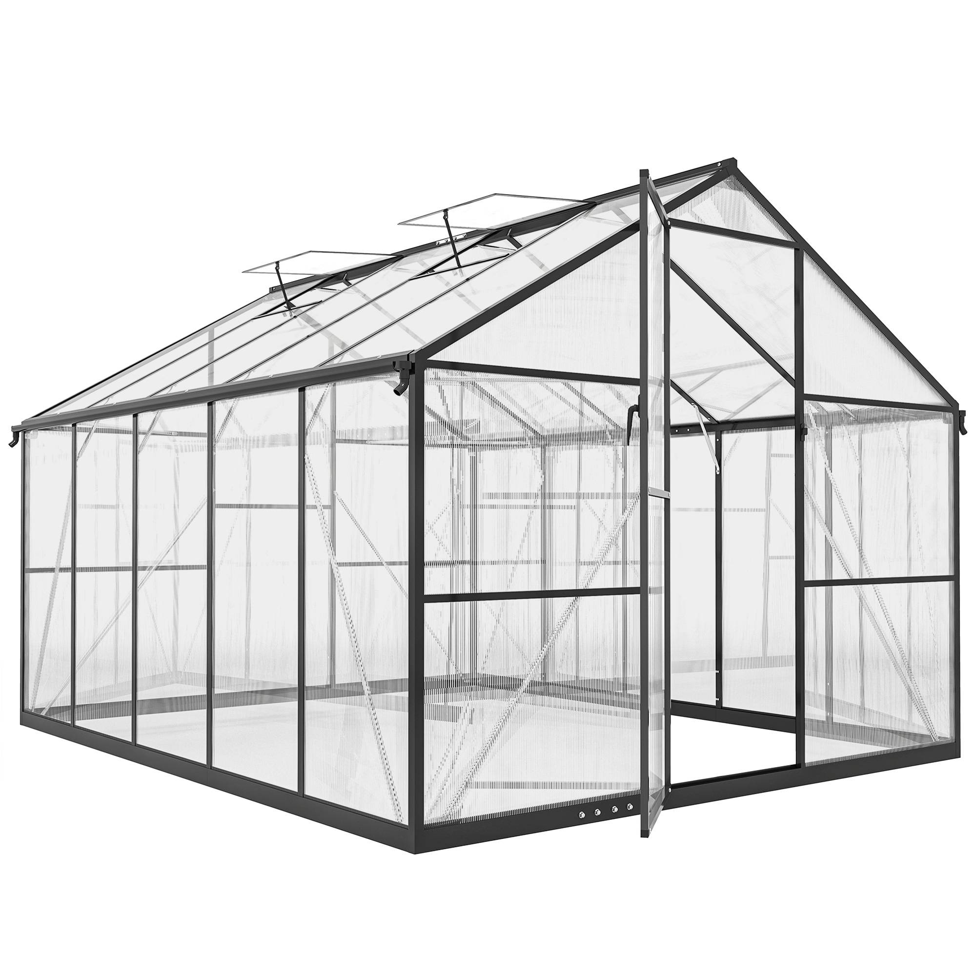 Serre noire de jardin 304 x 247 x 205 cm, aluminium et polycarbonate, porte coulissante, 2 fenêtres réglables - Image 1