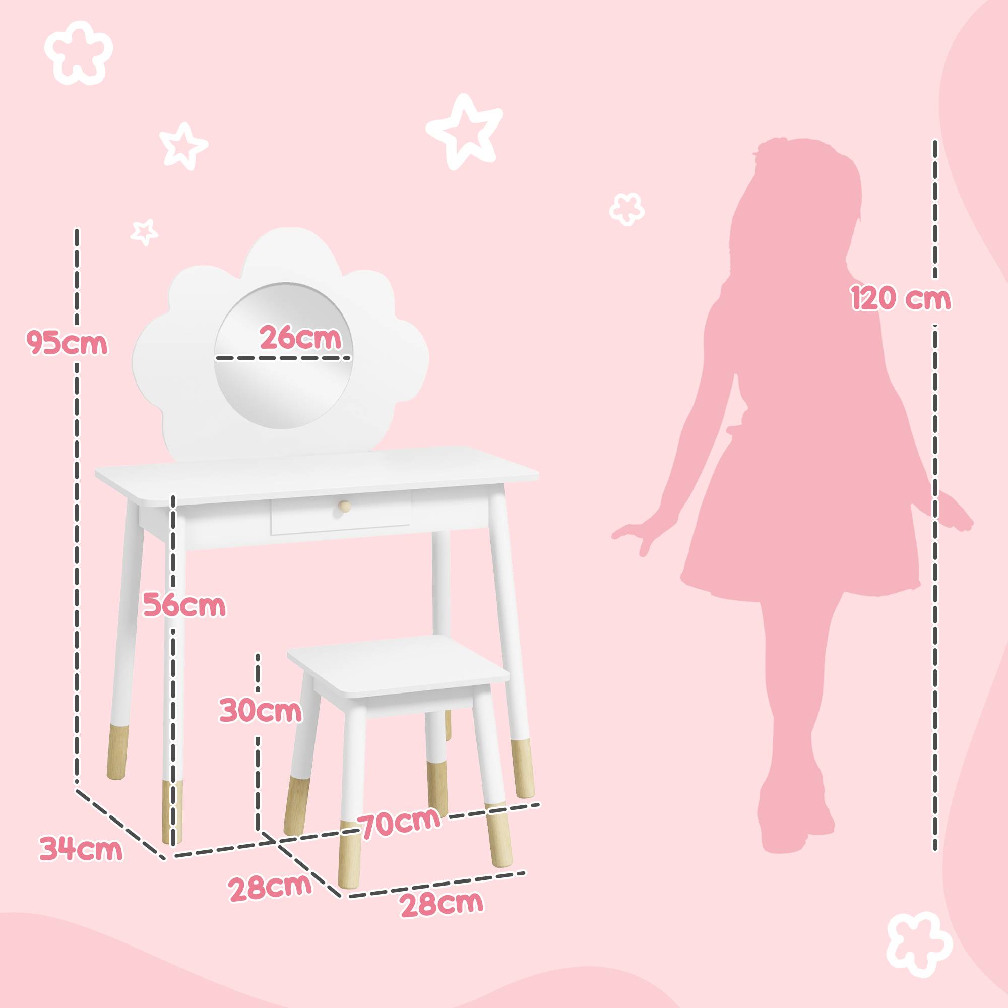 Sans Marque - Ensemble coiffeuse pour enfant avec tabouret, coiffeuse 2 pièces pour enfants de 3 à 6 ans, miroir forme de nuage, blanc - Image 5