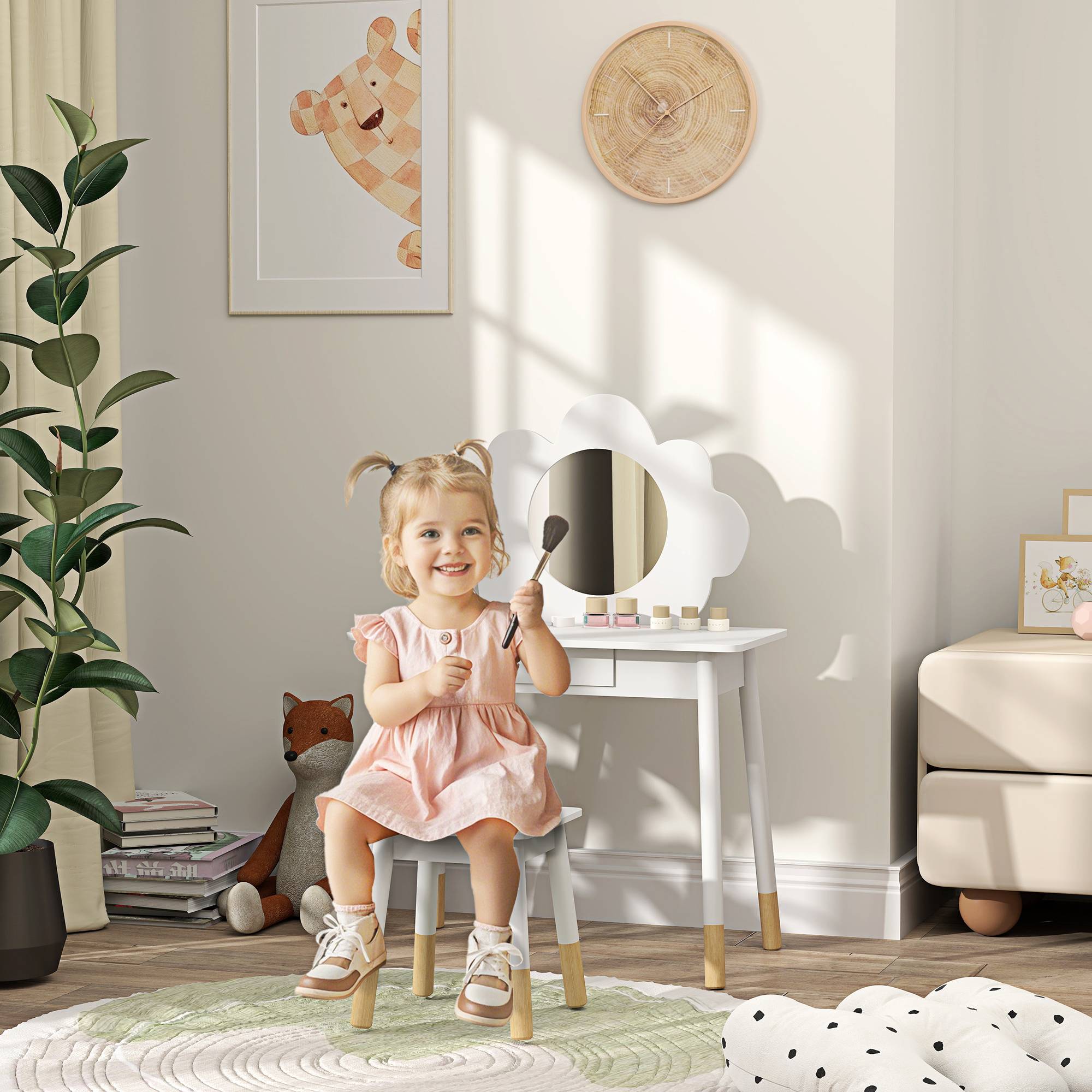 Sans Marque - Ensemble coiffeuse pour enfant avec tabouret, coiffeuse 2 pièces pour enfants de 3 à 6 ans, miroir forme de nuage, blanc - Image 3