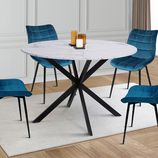 Table à manger ronde ALIX 6 personnes pied araignée noir et plateau effet marbre blanc ALASKA 110 cm - Image 1