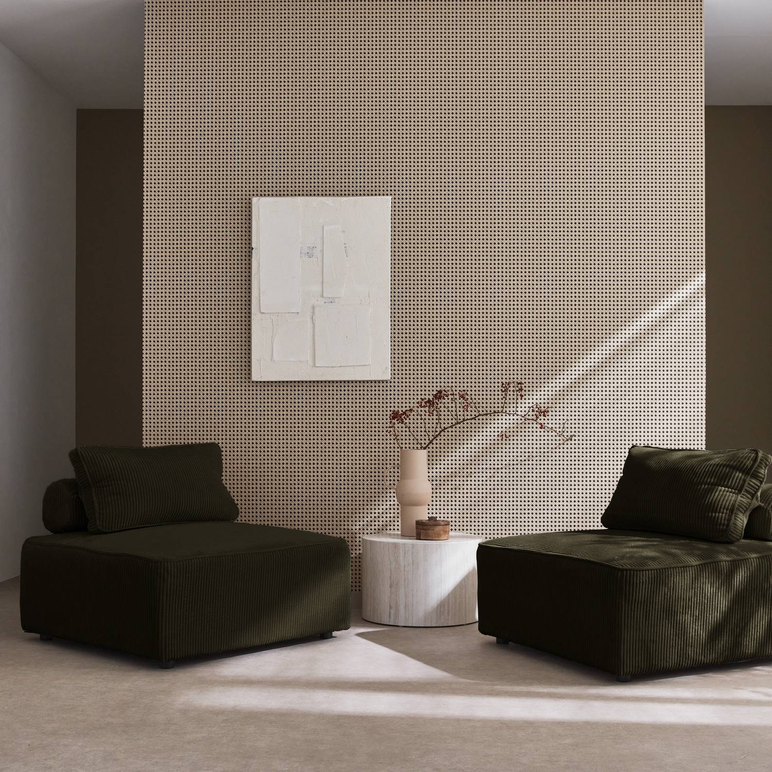 sweeek - Lot de 2 chauffeuses pour canapé modulable velours côtelé vert foncé avec un coussin | sweeek - Image 1