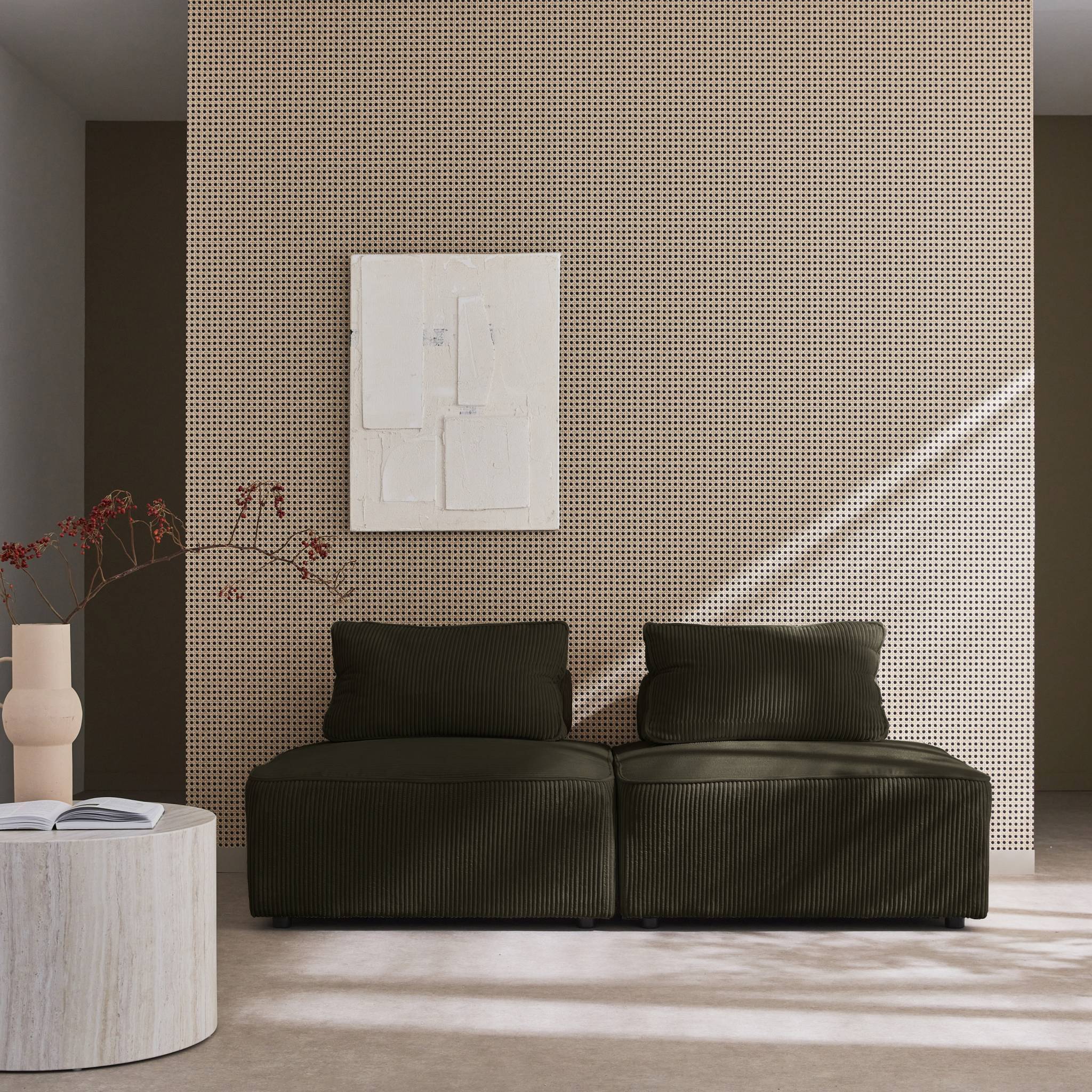 sweeek - Lot de 2 chauffeuses pour canapé modulable velours côtelé vert foncé avec un coussin | sweeek - Image 3