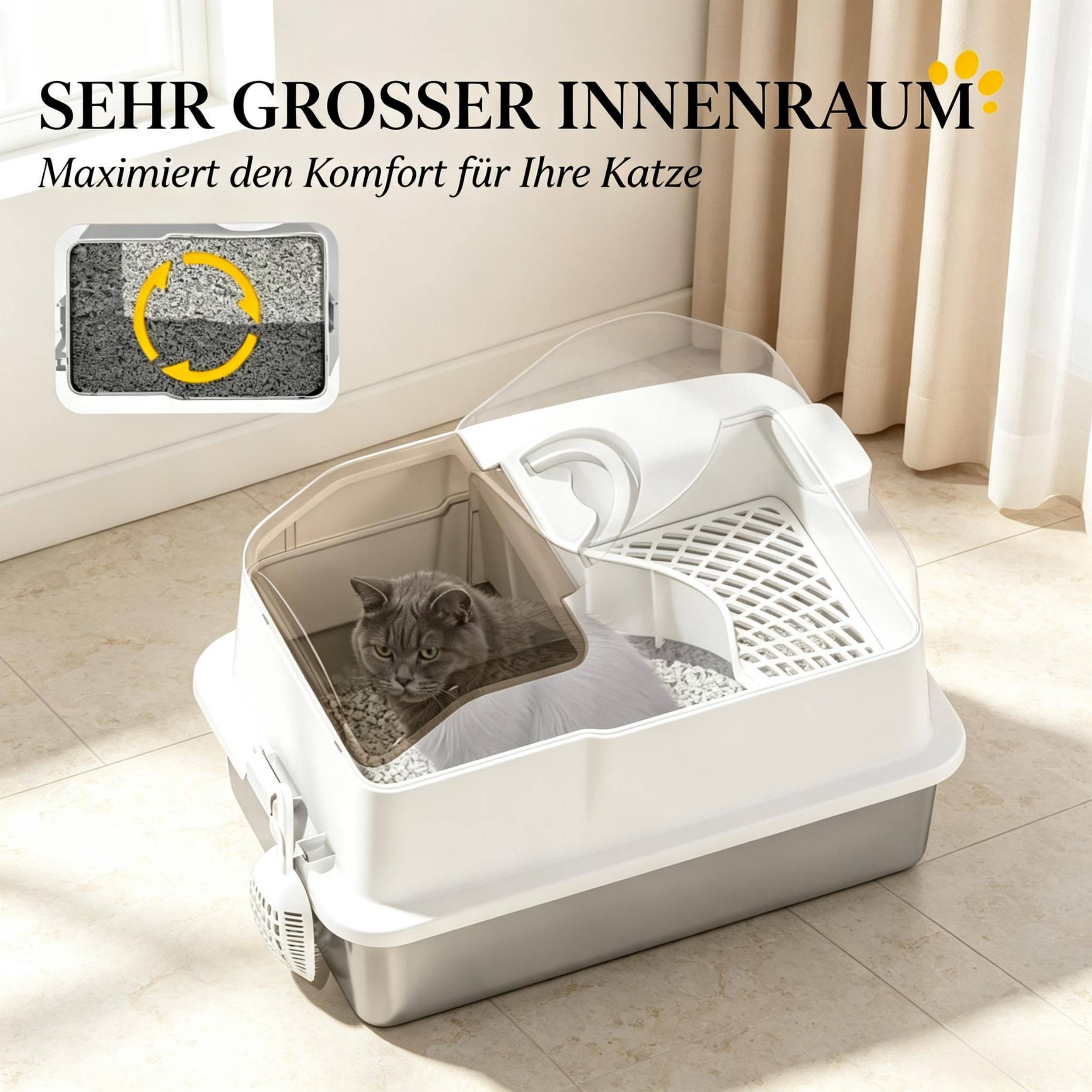 ComfortXL - Litière pour chat fermée inox et ABS 60,5 x 40,5 x 45 cm blanc argent couvercle amovible anti-projections - Image 6