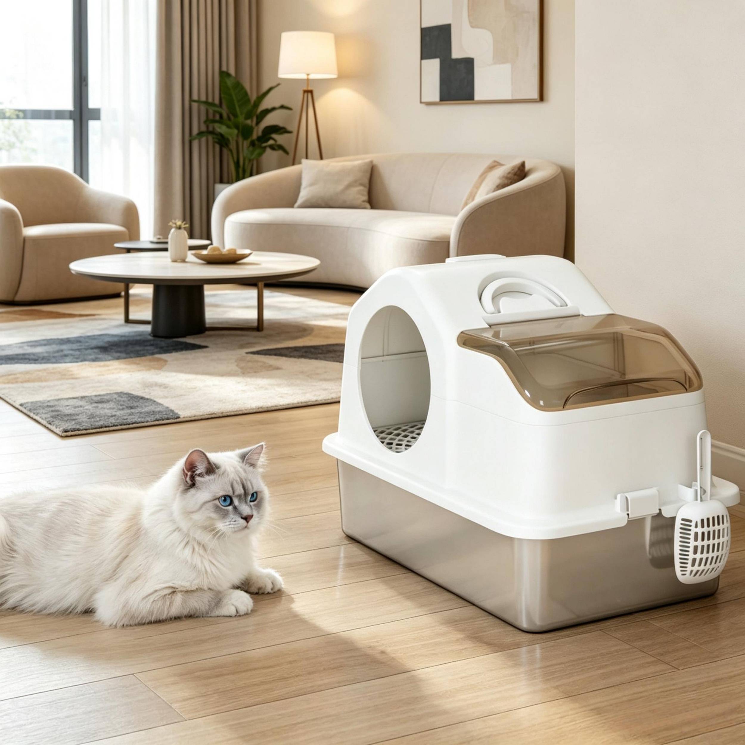 ComfortXL - Litière pour chat fermée inox et ABS 60,5 x 40,5 x 45 cm blanc argent couvercle amovible anti-projections