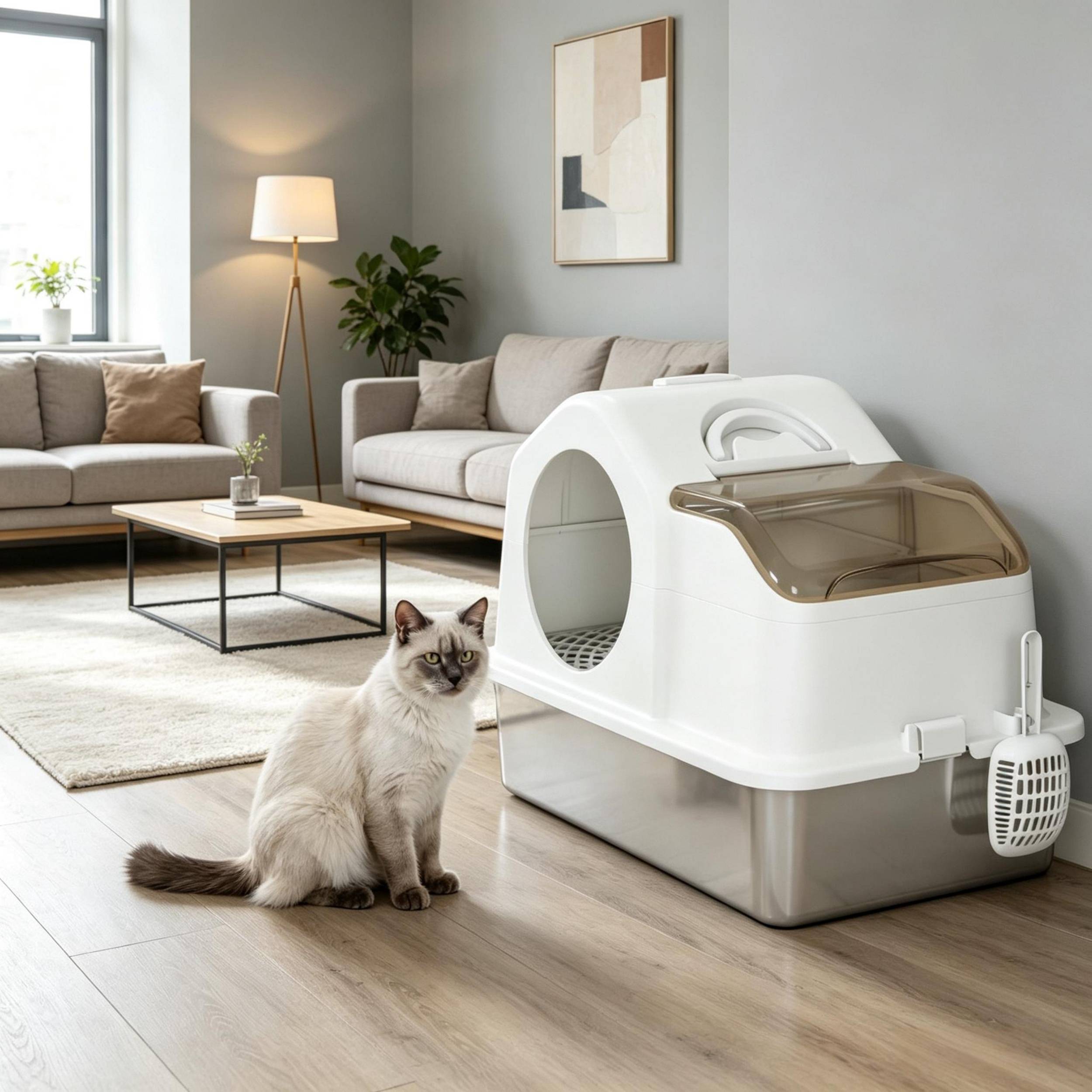 ComfortXL - Litière pour chat fermée inox et ABS 60,5 x 40,5 x 45 cm blanc argent couvercle amovible anti-projections - Image 4