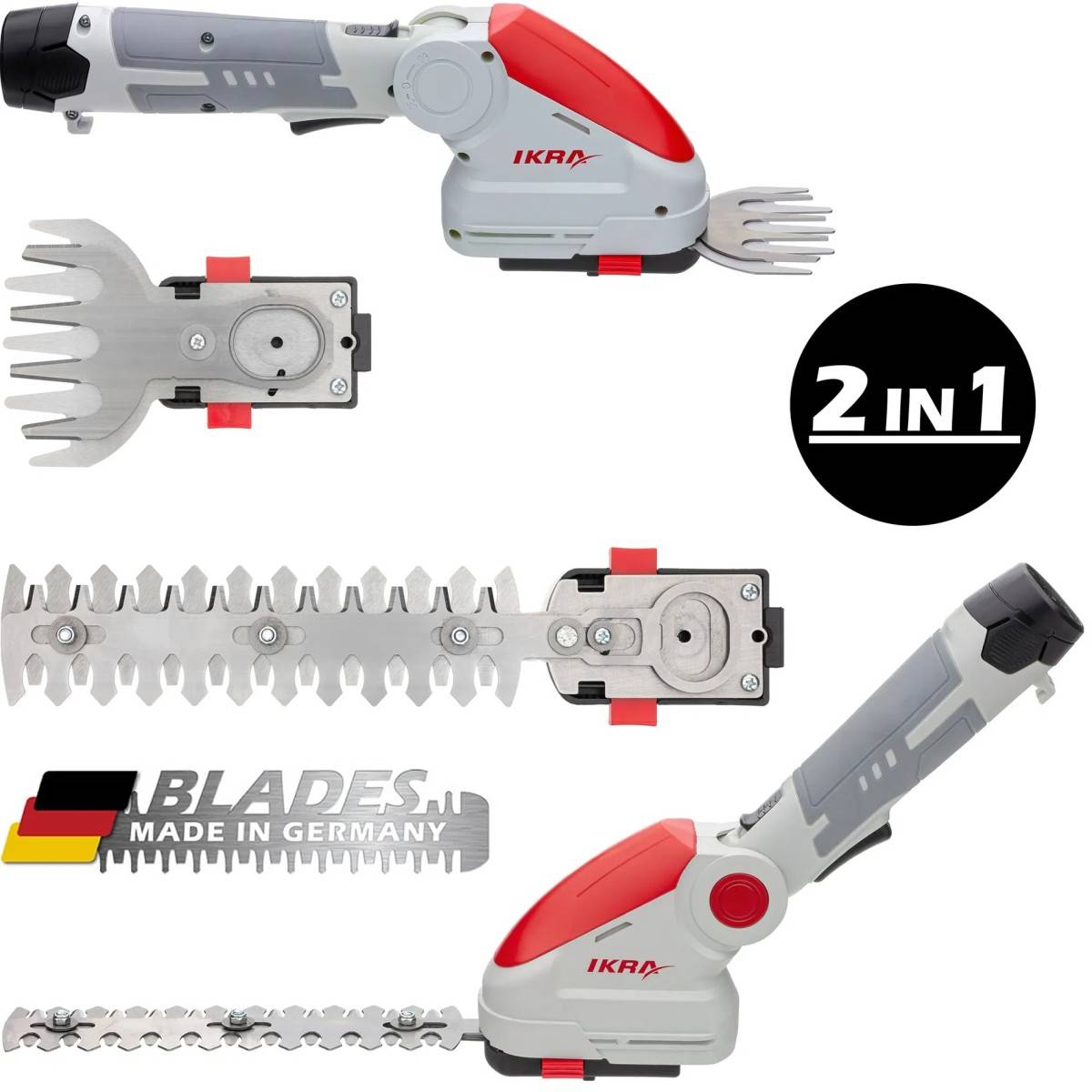 Cisaille à gazon et Taille buisson Télescopique sans fil à batterie 12V Inclus 2 lames 10cm et 20cm Chargeur 12V IKRA - Image 2