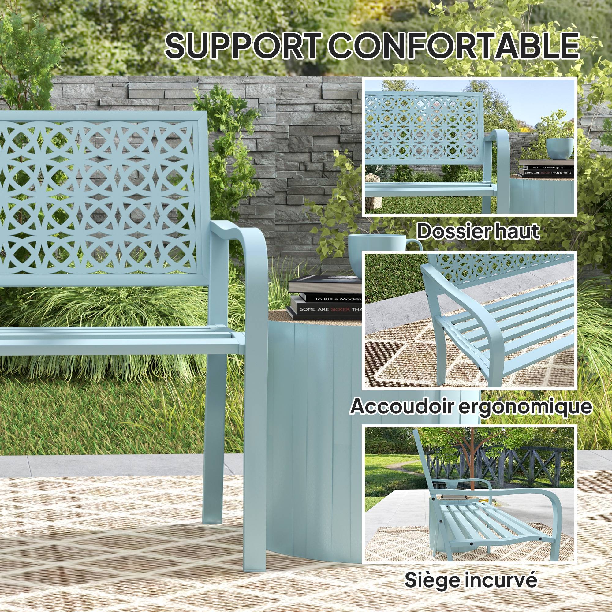Sans Marque - Banc de jardin 2 places, banc extérieur jardin en acier avec dossier ajouré, 127 x 63 x 85 cm, bleu - Image 7