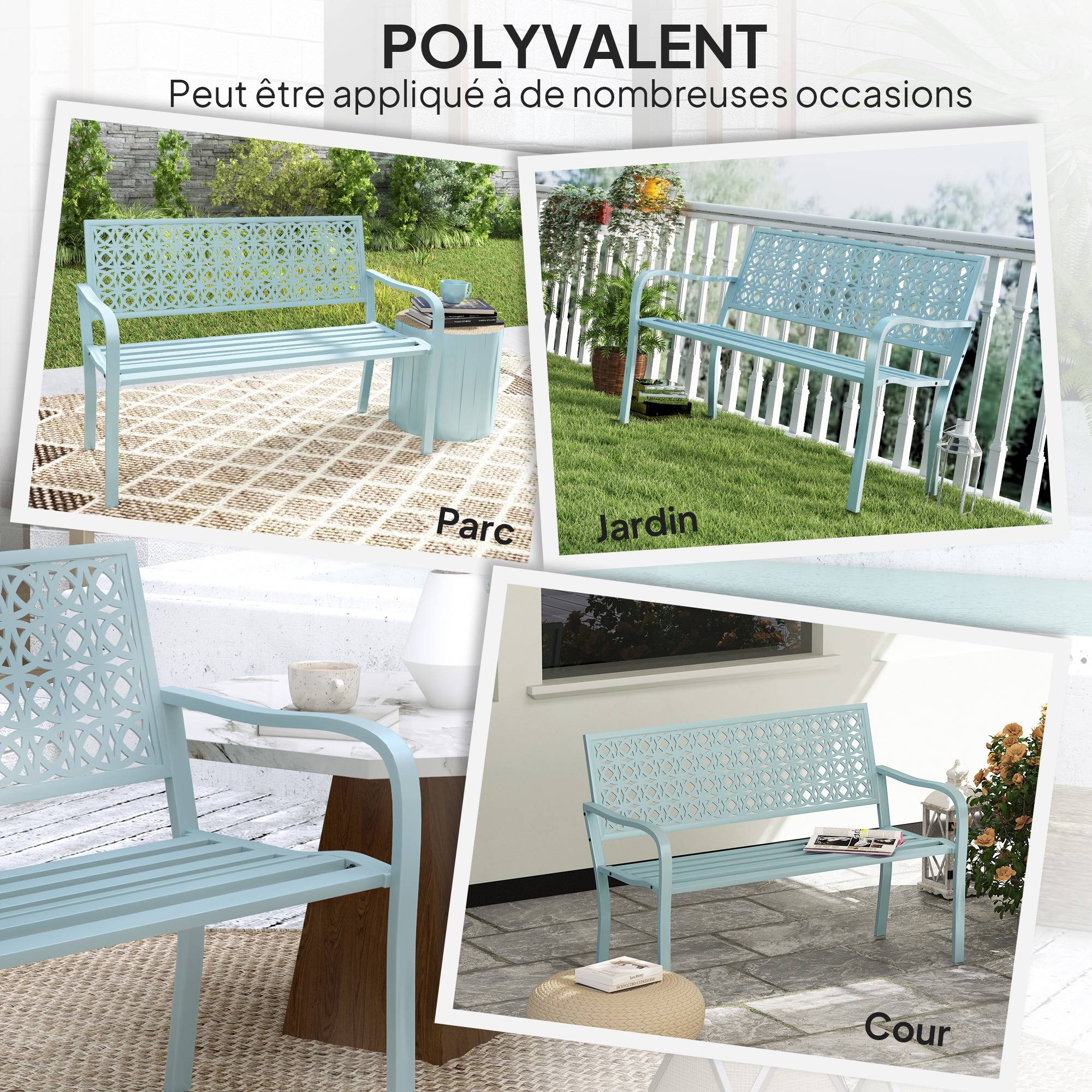 Sans Marque - Banc de jardin 2 places, banc extérieur jardin en acier avec dossier ajouré, 127 x 63 x 85 cm, bleu - Image 8