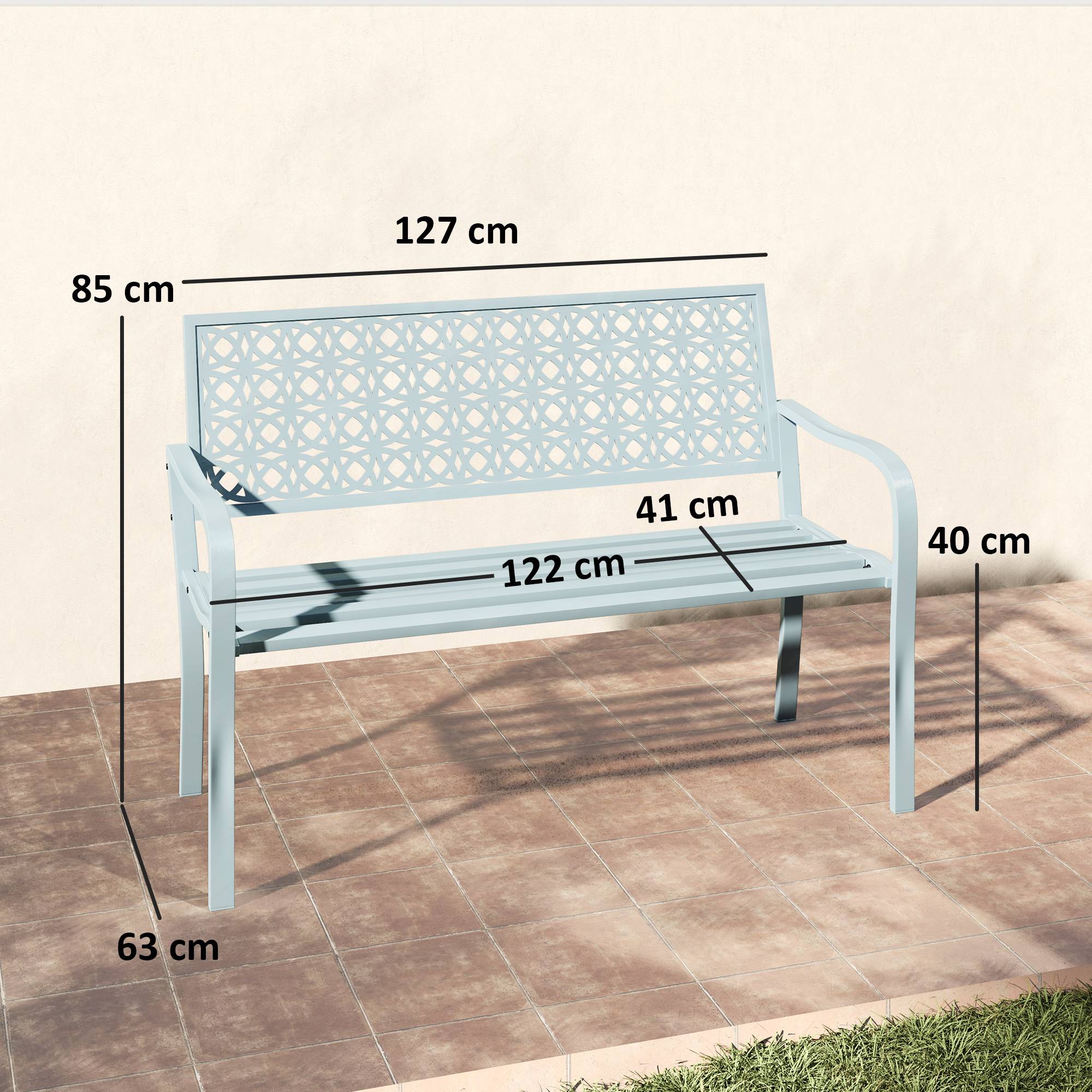 Sans Marque - Banc de jardin 2 places, banc extérieur jardin en acier avec dossier ajouré, 127 x 63 x 85 cm, bleu - Image 5