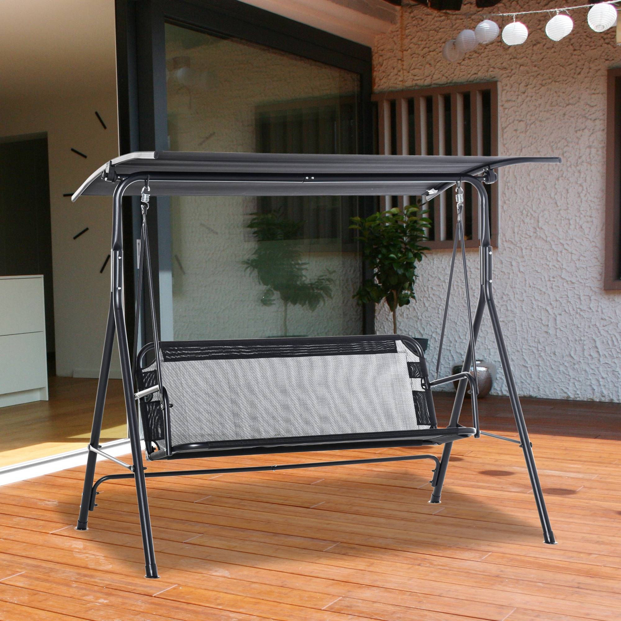 Balancelle jardin noire 2 places 172x110x155cm pare-soleil auvent inclinable 200kg - Image 3