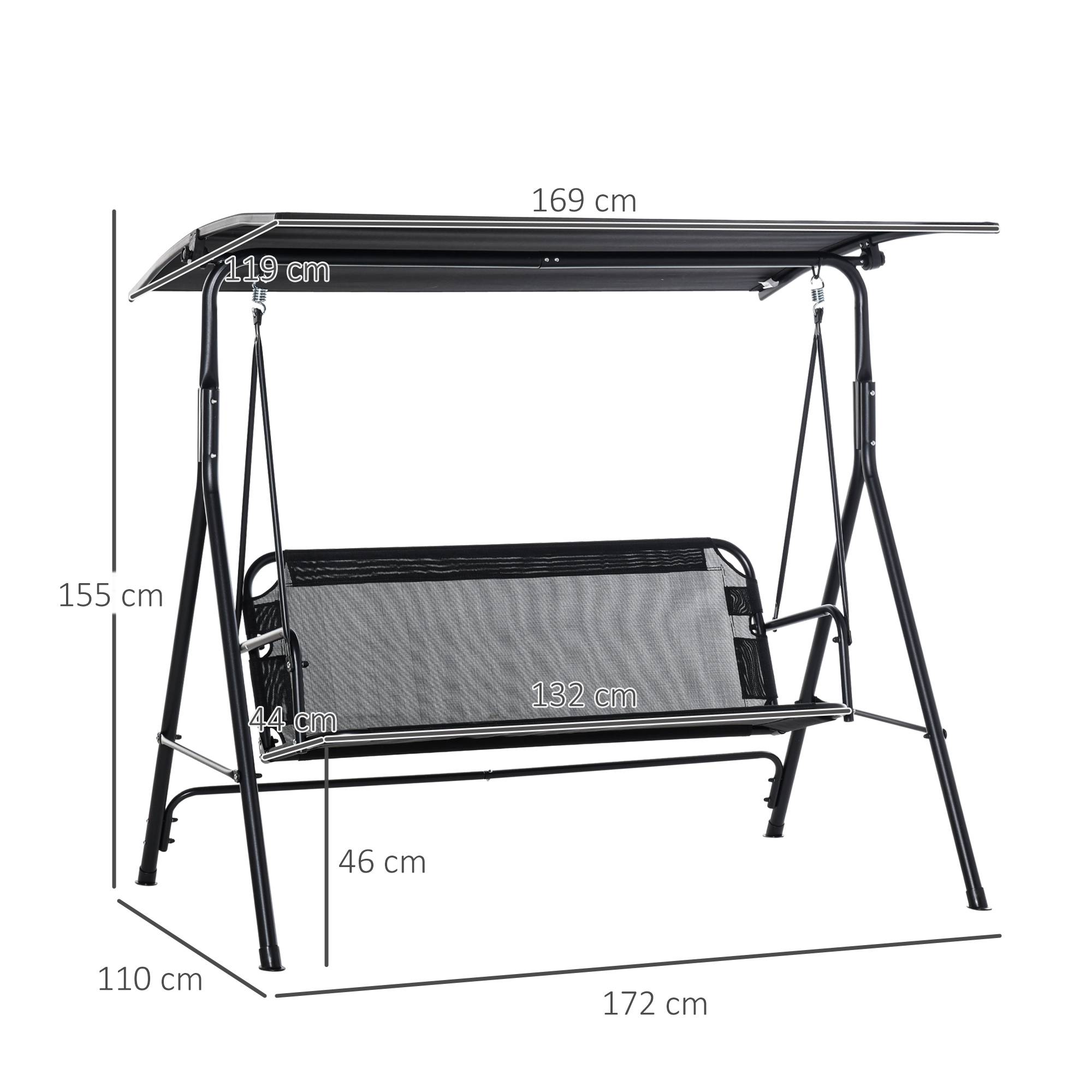 Balancelle jardin noire 2 places 172x110x155cm pare-soleil auvent inclinable 200kg - Image 4